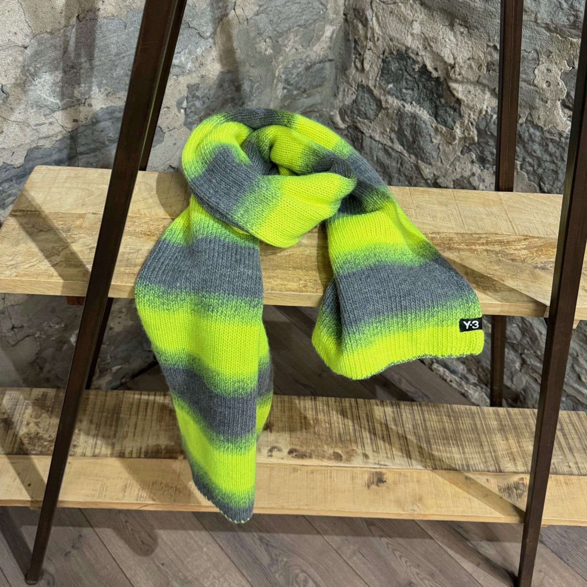 Y-3 Y-3 Grey Neon Yellow Striped Oversized Reversible Wool Scarf Size ONE SIZE - 1 Thumbnail
