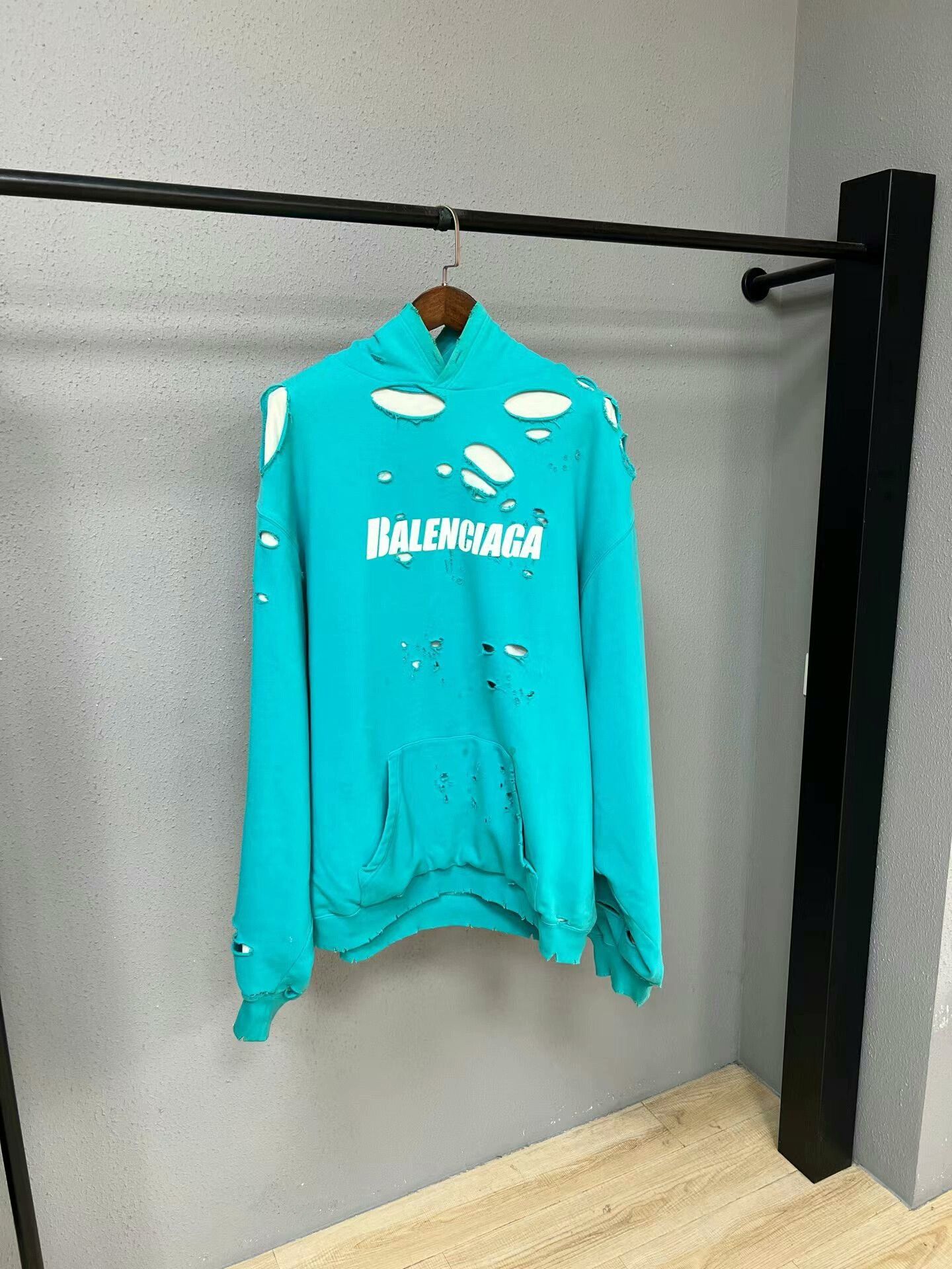 Balenciaga Balenciaga Destroyed Hoodie Turquoise/White | Grailed