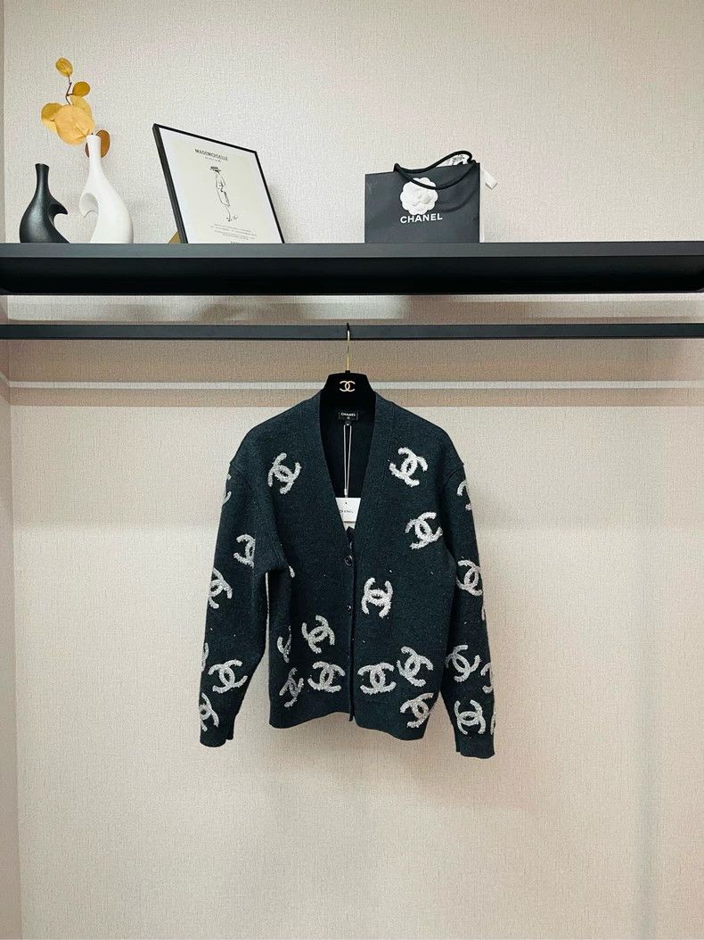 Chanel Chanel Black Gray Logo Cardigan Sweater- DMC Size US M / EU 48-50 / 2 - 1 Thumbnail