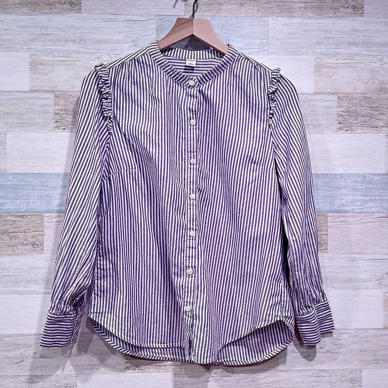 Old Navy OLD NAVY Striped Ruffle Shoulder Shirt Purple Womens Small Size S / US 4 / IT 40 - 2 Thumbnail