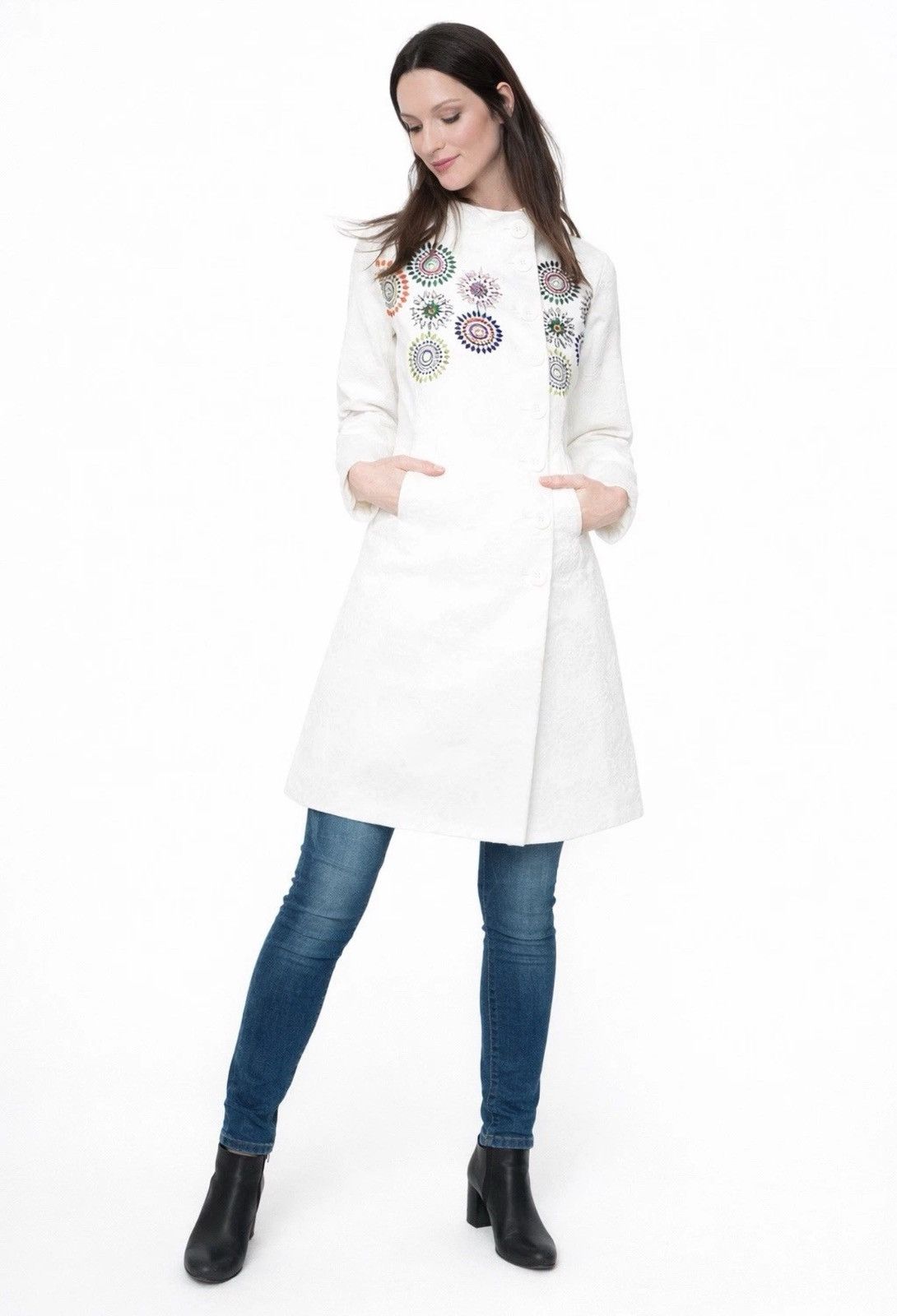 Desigual Desigual Pakaian Jadi Wanita Coat Jacket White Embroidered Size L / US 10 / IT 46 - 1 Thumbnail