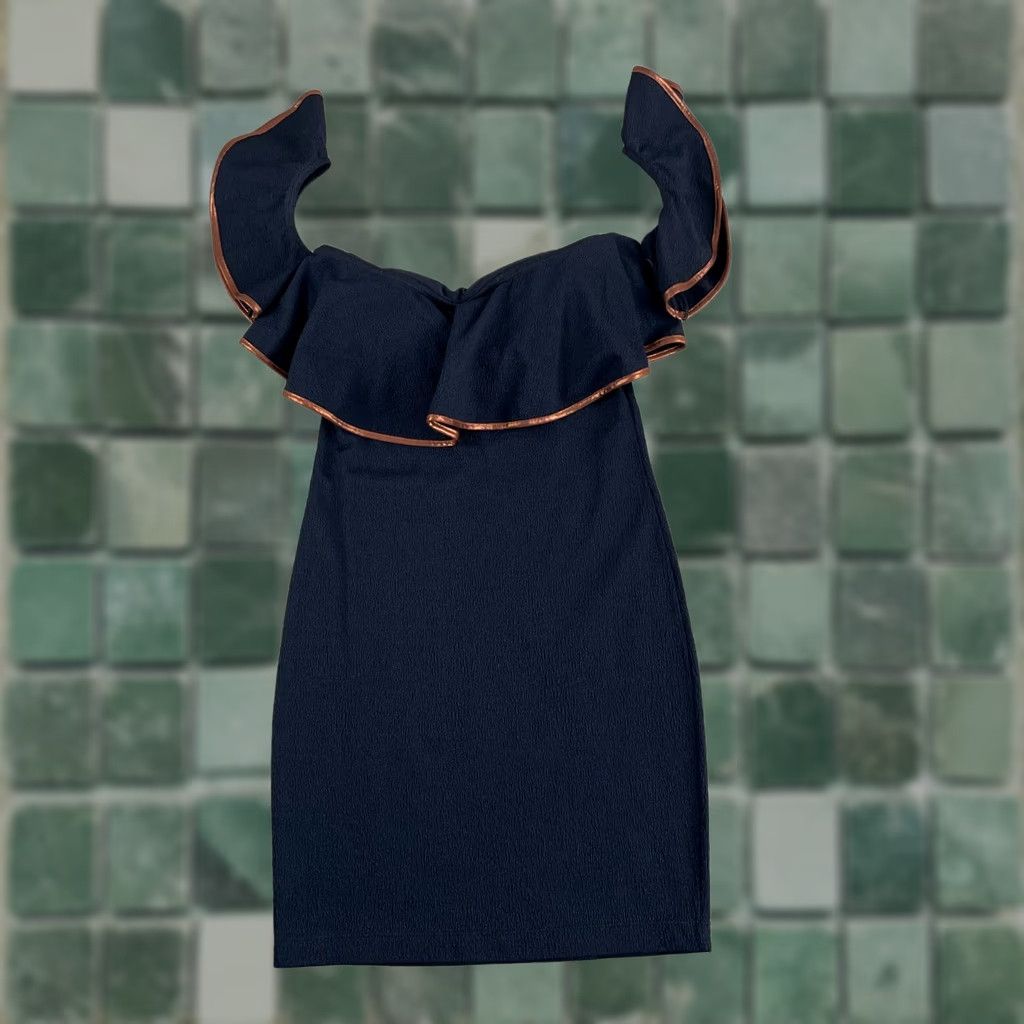 Vintage VIX Paula Hermanny Mini Dress XS Black Copper Trim Off Shoulder Ruffle Top Vest? Size XS / US 0-2 / IT 36-38 - 1 Thumbnail