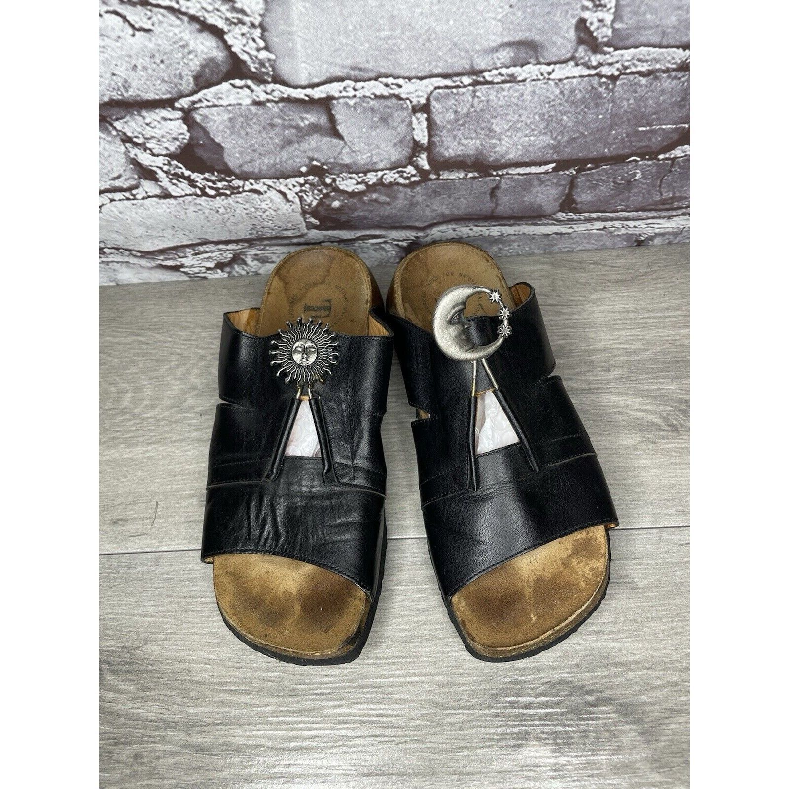 Other Think! Black Leather Cork Sun Moon Silver Wedge Sandals Wome Size US 6.5 / IT 36.5 - 21 Thumbnail