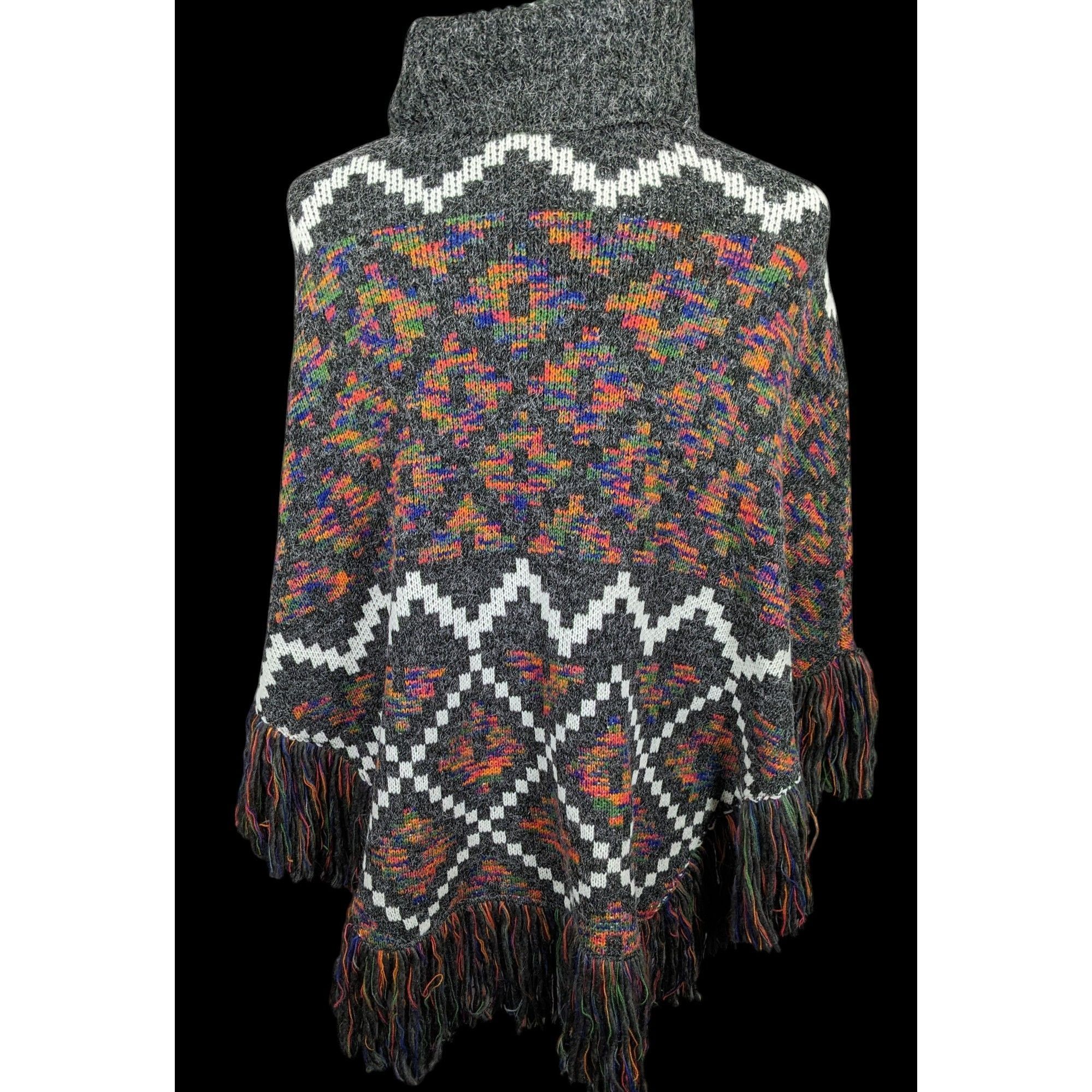 Other Modena Grey And Rainbow Geometric Cowl Neck Fringe Poncho Size ONE SIZE - 2 Thumbnail