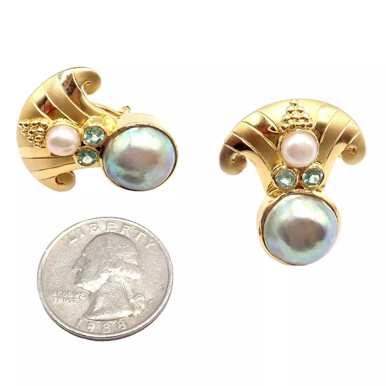 Vintage Paula Crevoshay Gold Abalone Pearl Blue Gemstone Earrings Size ONE SIZE - 4 Thumbnail