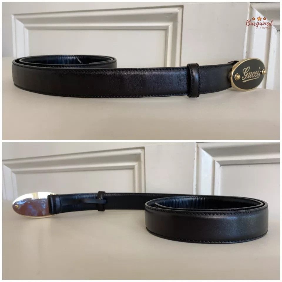 Gucci GUCCI Black Calfskin Leather Gold Script Oval Buckle Belt Size 32 - 8 Thumbnail