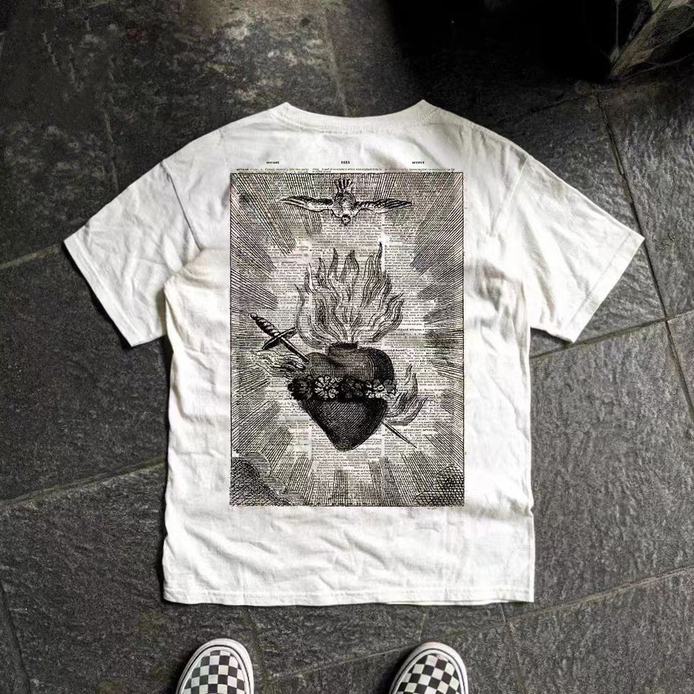 Vintage White casual retro hip-hop heart-print t-shirt Size US M / EU 48-50 / 2 - 1 Thumbnail