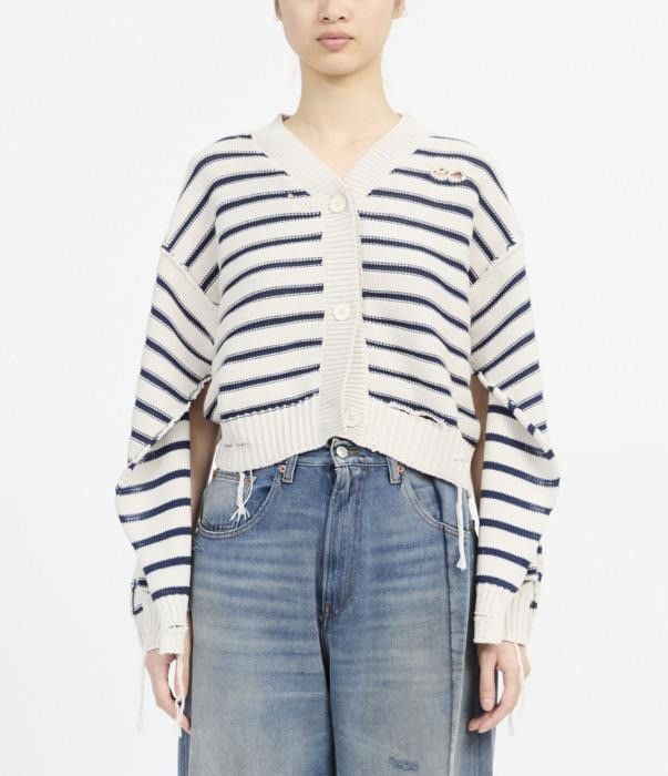 Maison Margiela o1bcso1str0426 MM Striped Knit Cardigan in White/Blue Size XS / US 0-2 / IT 36-38 - 1 Thumbnail
