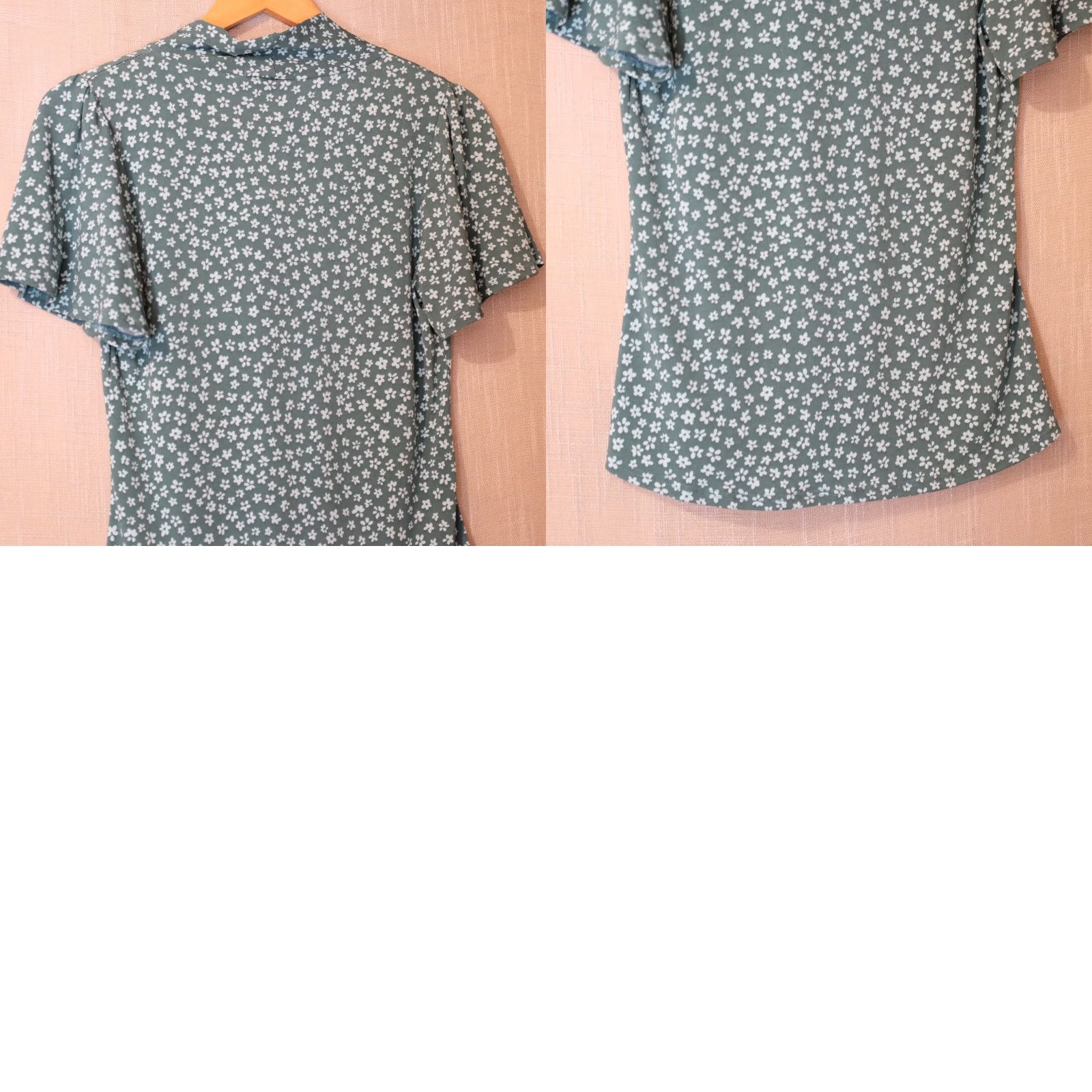 Vintage EUC Beacon Green Short Sleeve Floral Top Stretch Tie Neck Womens M Blouse Size M / US 6-8 / IT 42-44 - 8 Thumbnail