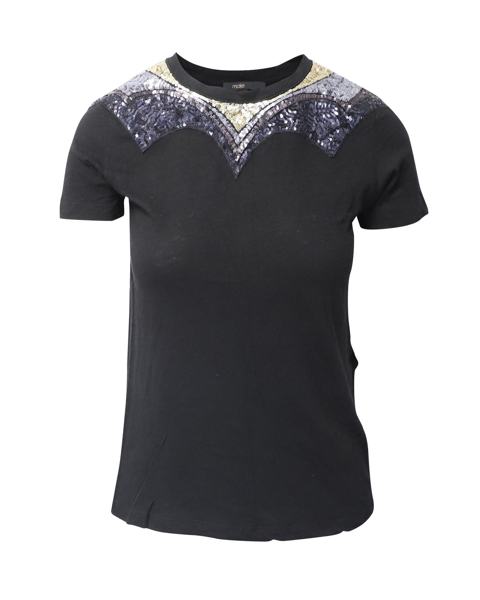 image of Embellished Black Cotton T-Shirt By Maje, Women's (Size Small)