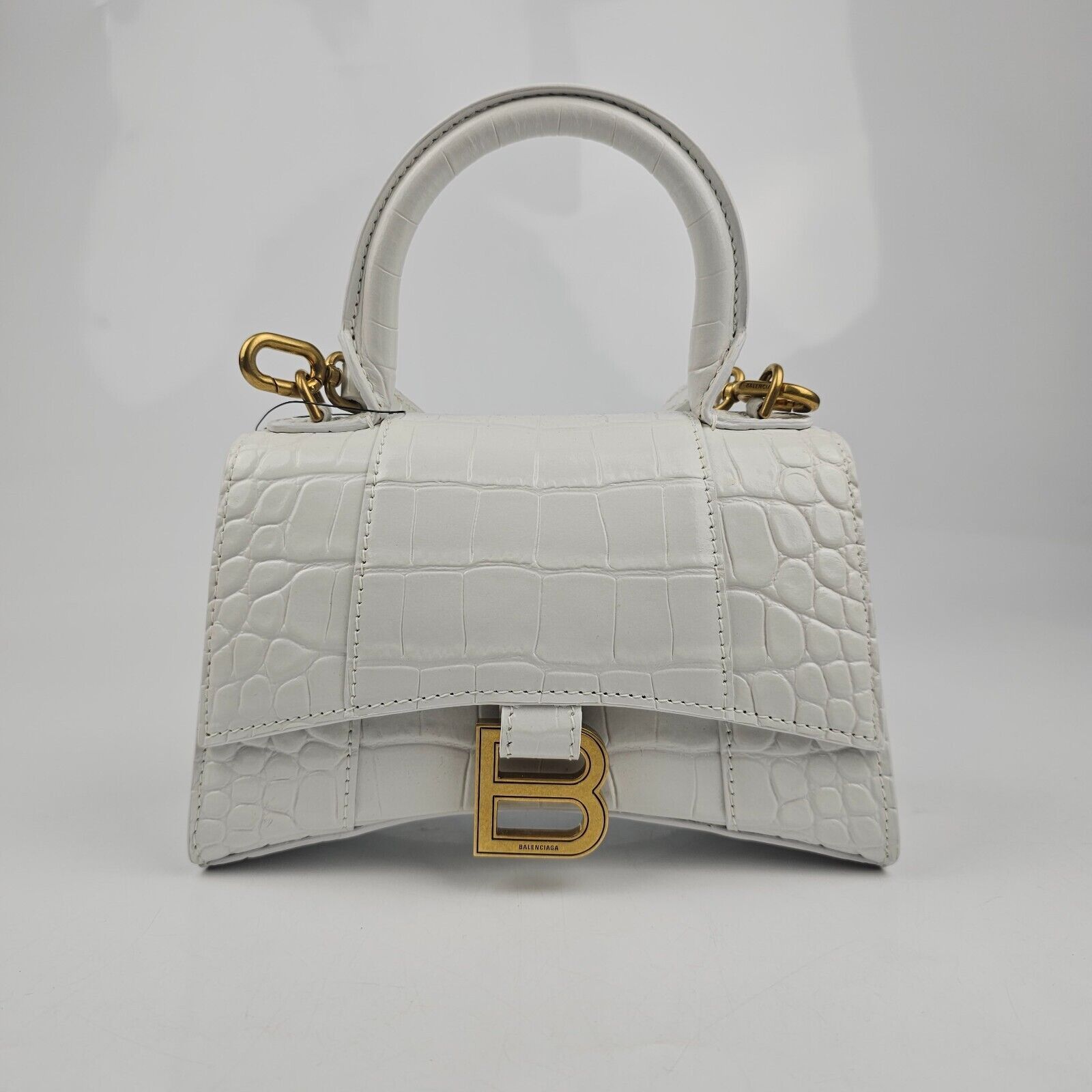 Balenciaga XS Hourglass Croc Embossed White Bag New
