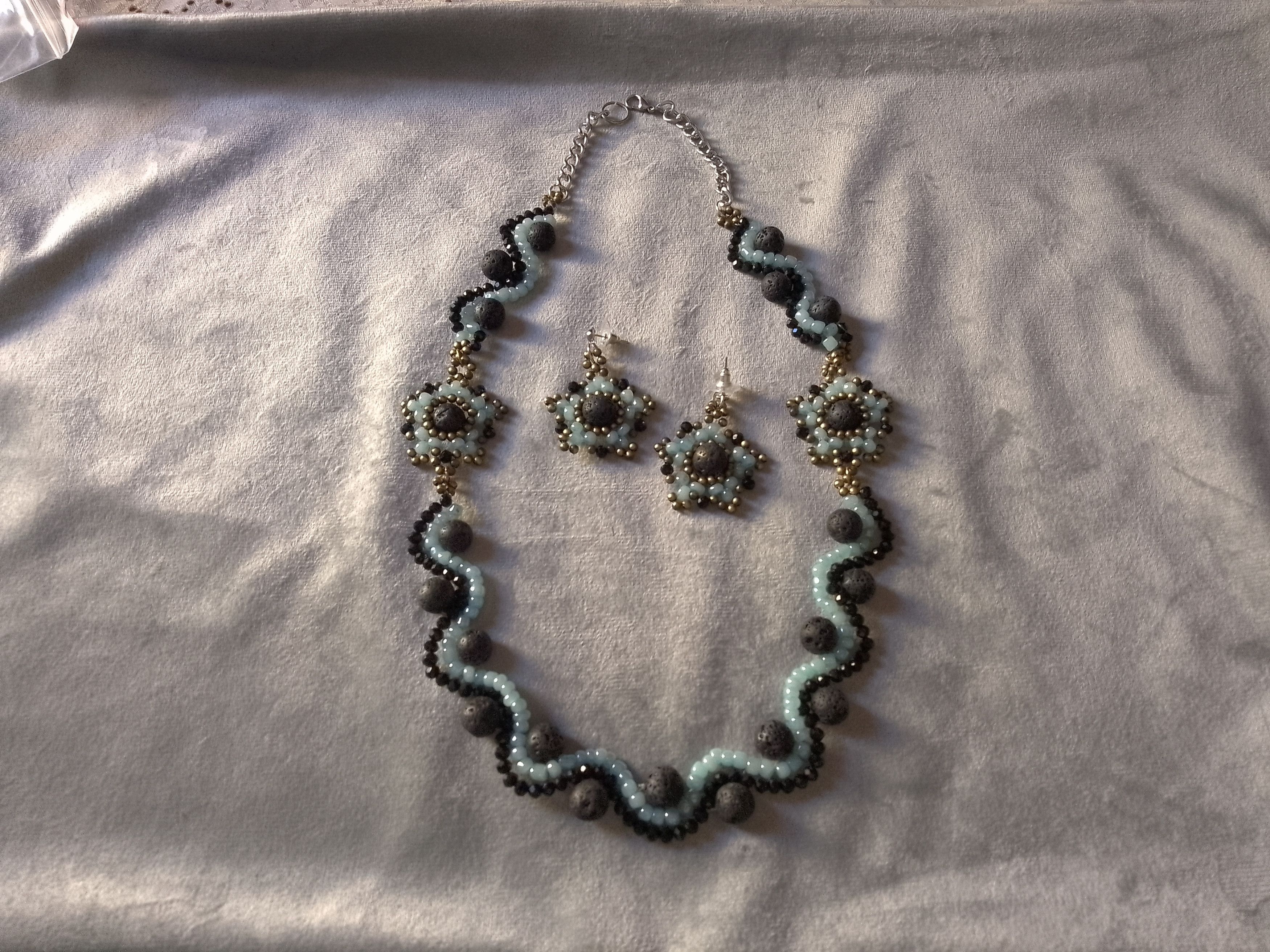 Handmade Necklace Long Black Blue Lava Stone Wavy Earrings Size ONE SIZE - 3 Thumbnail