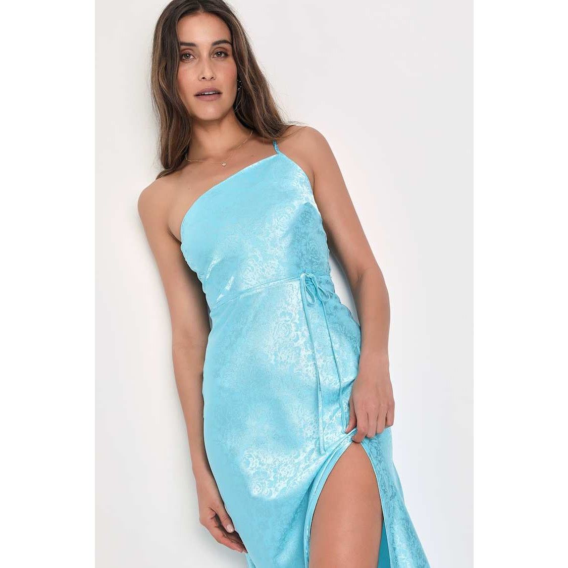 Other Lulus Blue Floral Jacquard One-Shoulder Midi Dress Sz M Size M / US 6-8 / IT 42-44 - 5 Thumbnail
