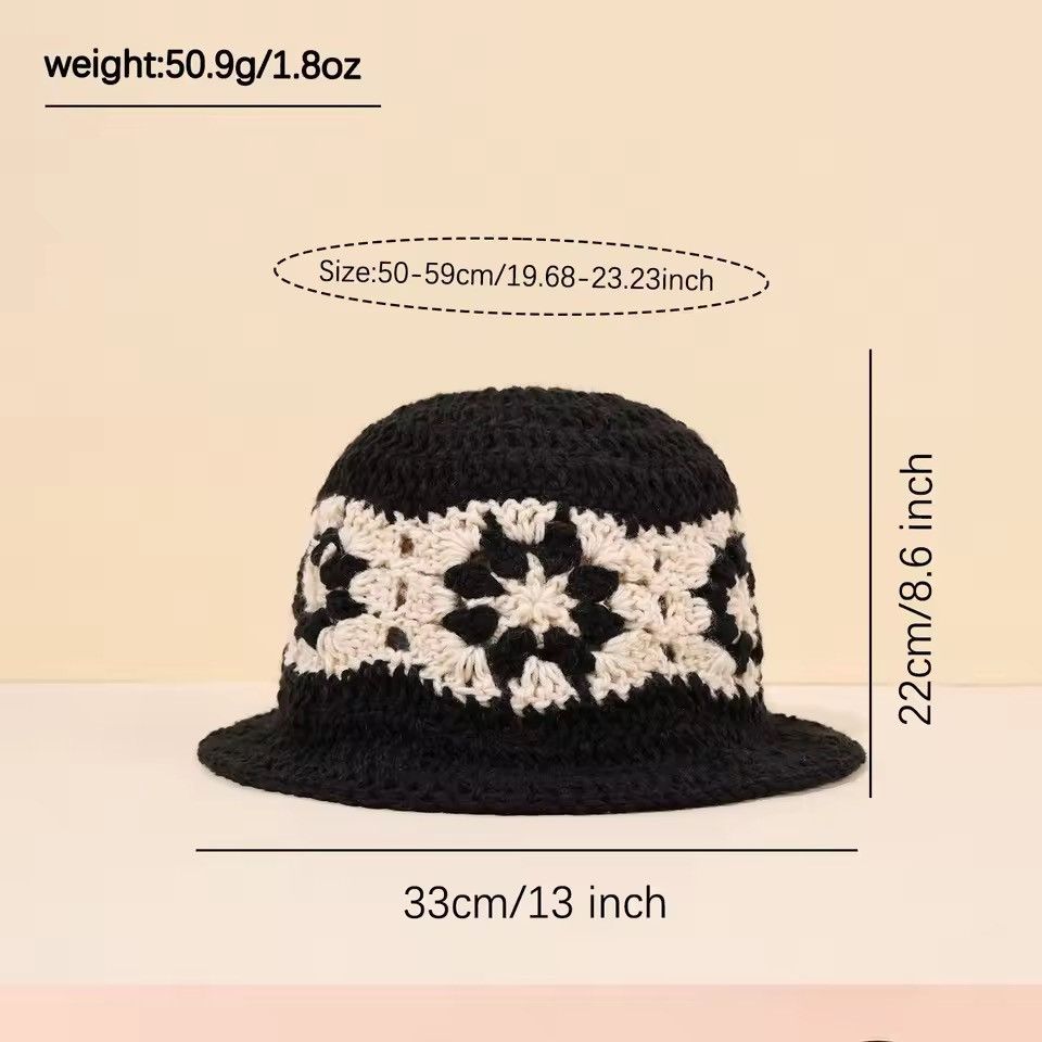 Handmade Retro Splicing Knitted Striped Hollow Bucket Hat Size ONE SIZE - 3 Thumbnail