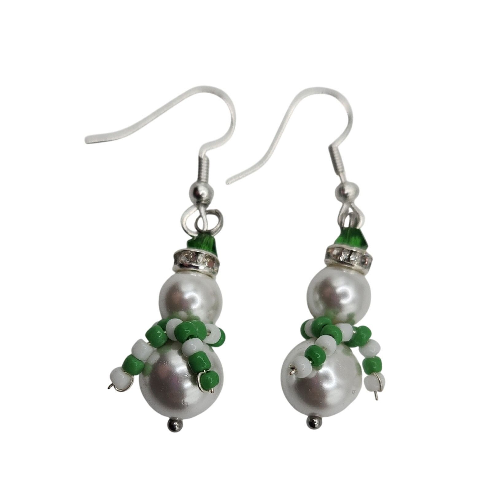 Other Handmade Snowman Earrings with Pearls, Green Beads, Crystals Size ONE SIZE - 1 Thumbnail