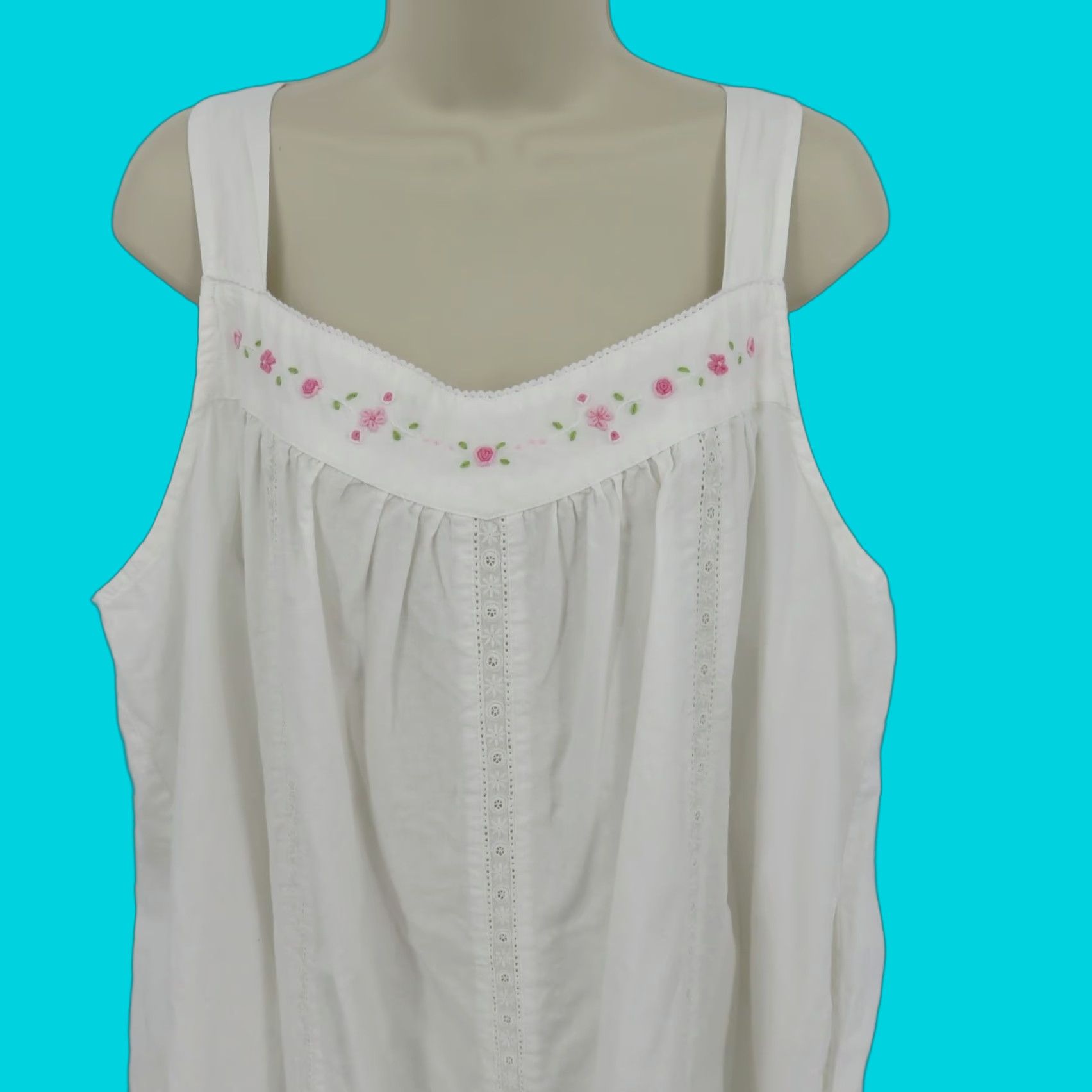 Pinko The 1 For U Gown Women 3XL XXXL White Pink Embroidered Eyelet Floral Sleeveless Nightgown Size ONE SIZE - 1 Thumbnail