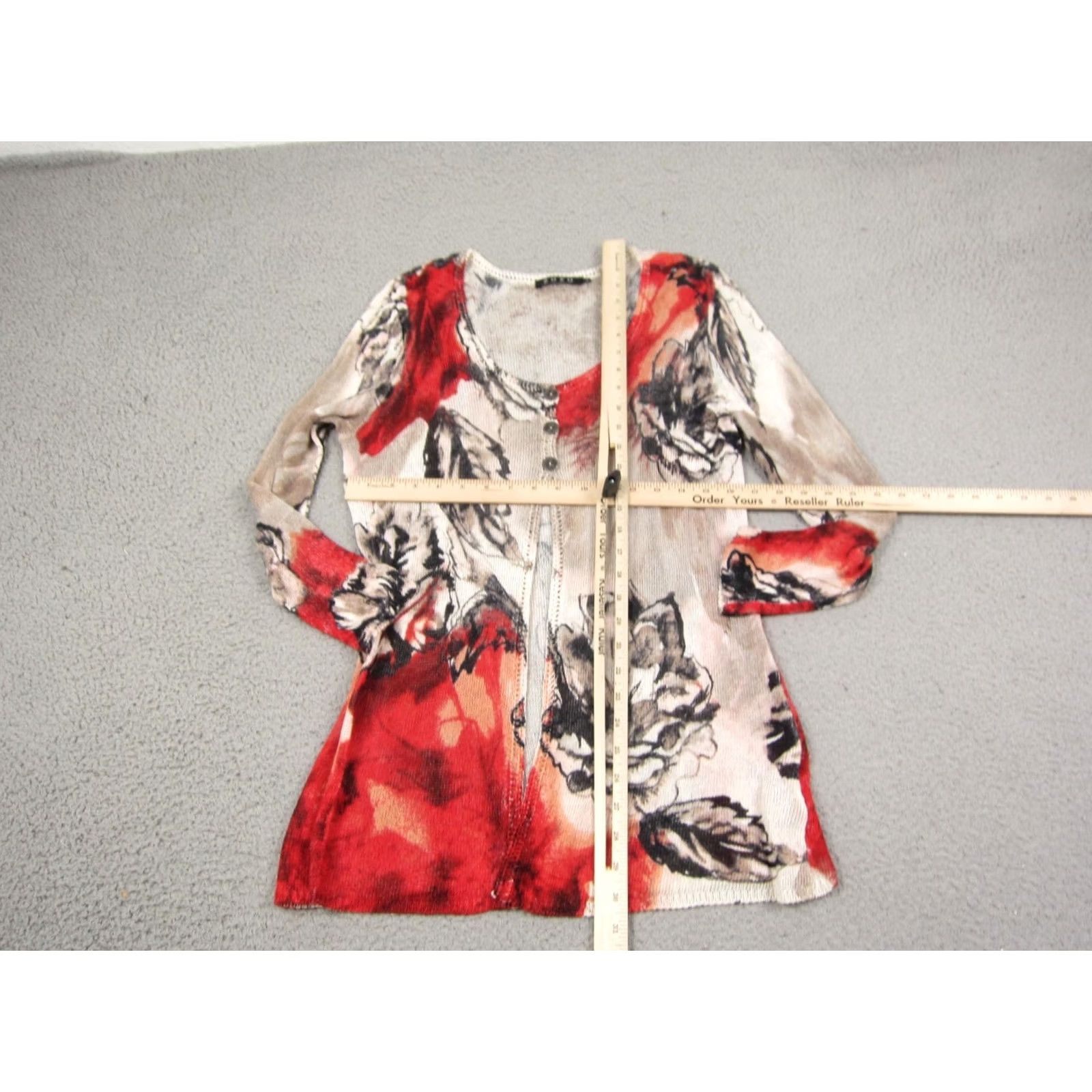 Vintage ZOZO Cardigan Womens Large Beige Red Knit Sheer Floral Linen Viscose Button Up Size L / US 10 / IT 46 - 6 Thumbnail