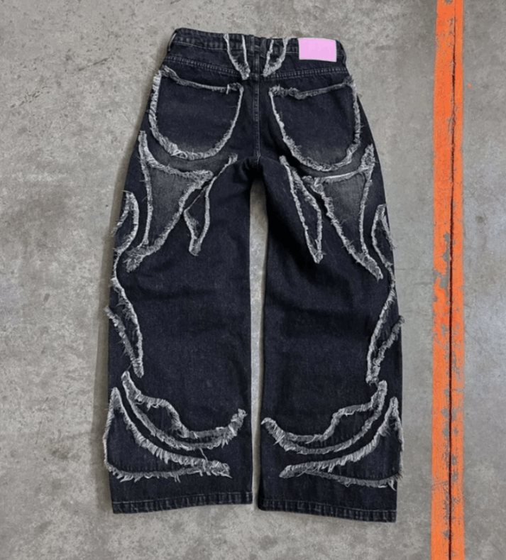Japanese Brand Geometric Pattern Patch Black Old Baggy Jeans Size US 32 / EU 48 - 2 Thumbnail