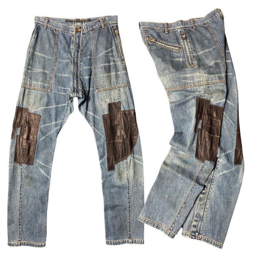 Maison MIHARA YASUHIRO 1990s Mihara Yasuhiro Zip Leather Patched Flared Denim Size US 32 / EU 48 - 1 Thumbnail