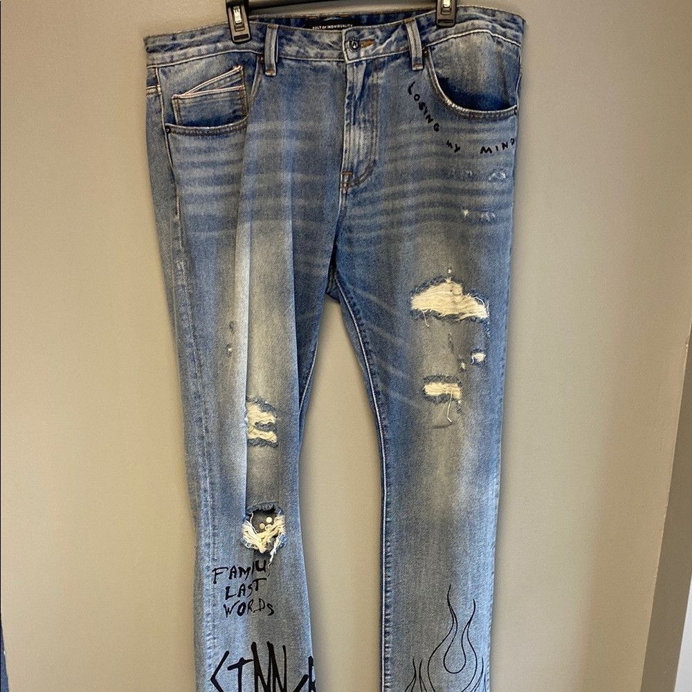 Cult of Individuality Rocker Slim Jeans 38x33 Distressed Bl