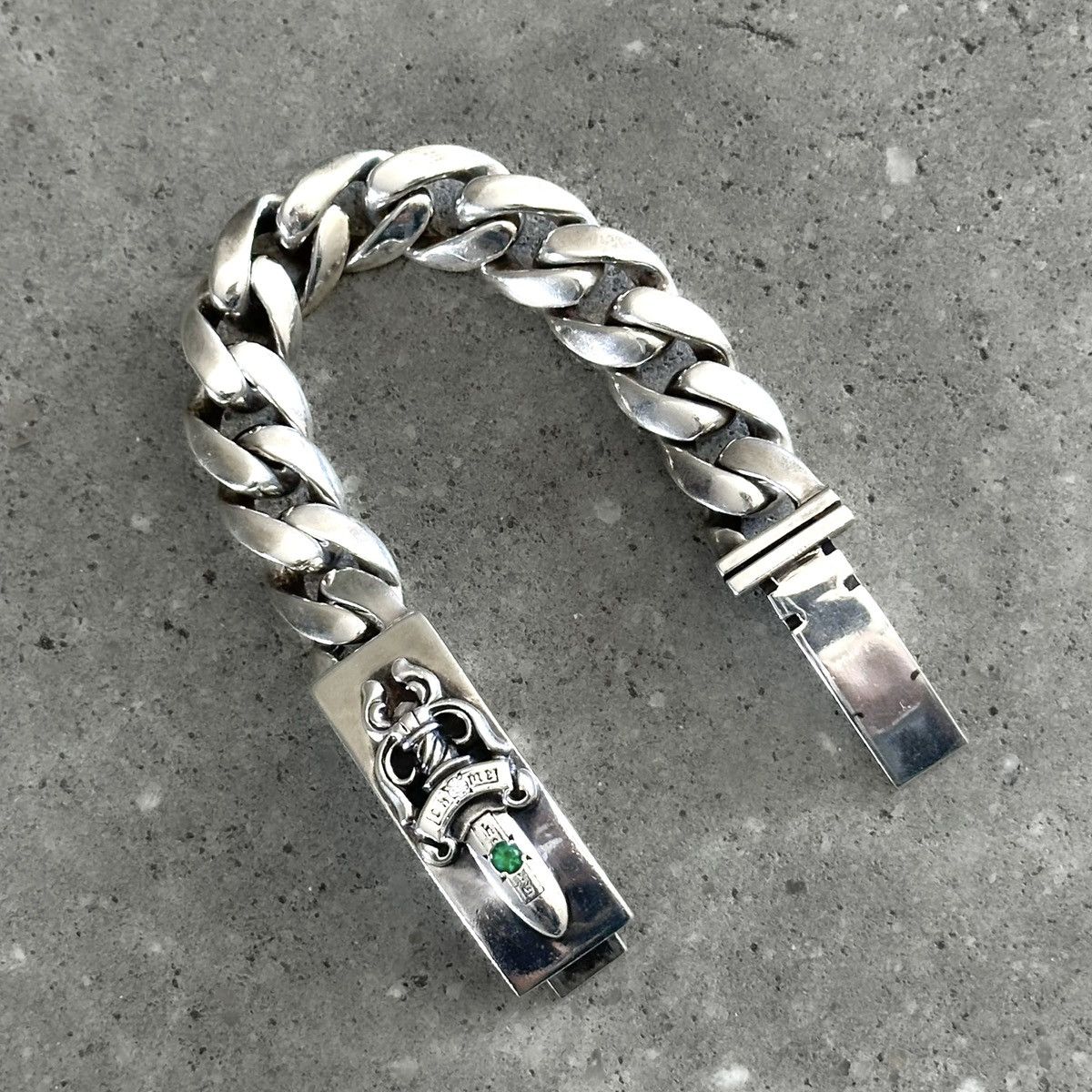 Chrome Hearts Emerald & Diamond Dagger ID Silver Cuban Link Bracelet Size ONE SIZE - 1 Thumbnail