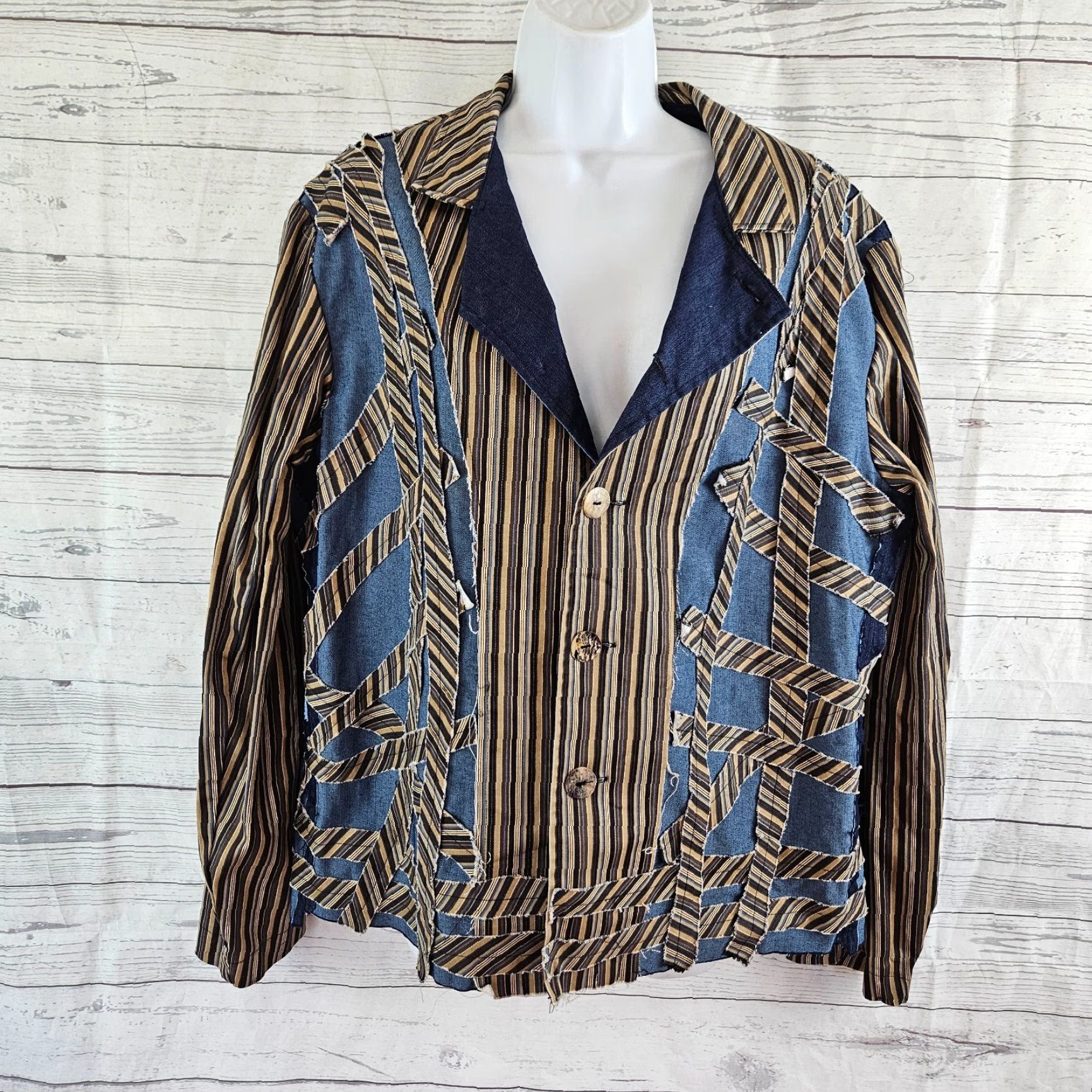 4SDESIGNS Sohung Designs Womens Jacket Sz Medium Blue Brown Stripe Button Front Size M / US 6-8 / IT 42-44 - 2 Thumbnail
