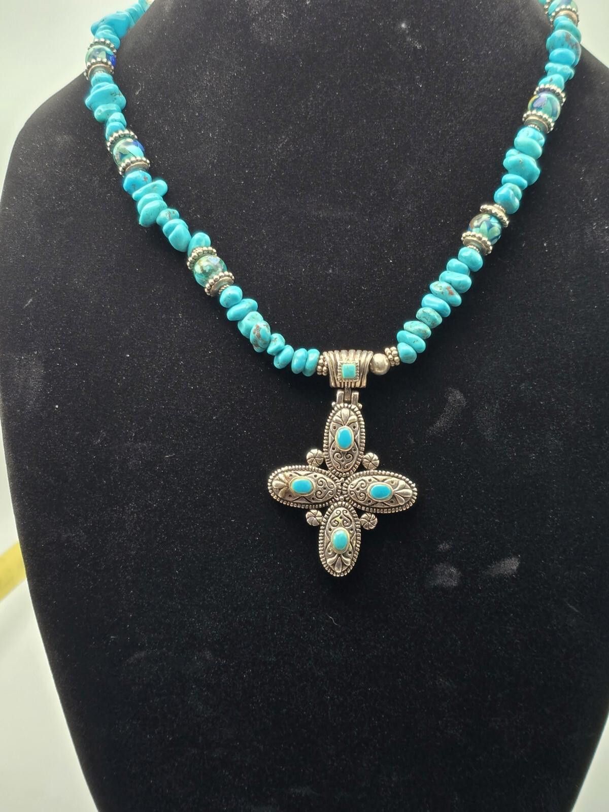 The Unbranded Brand Sterling Silver Turquoise Beaded Necklace w/ Cross Size ONE SIZE - 2 Thumbnail