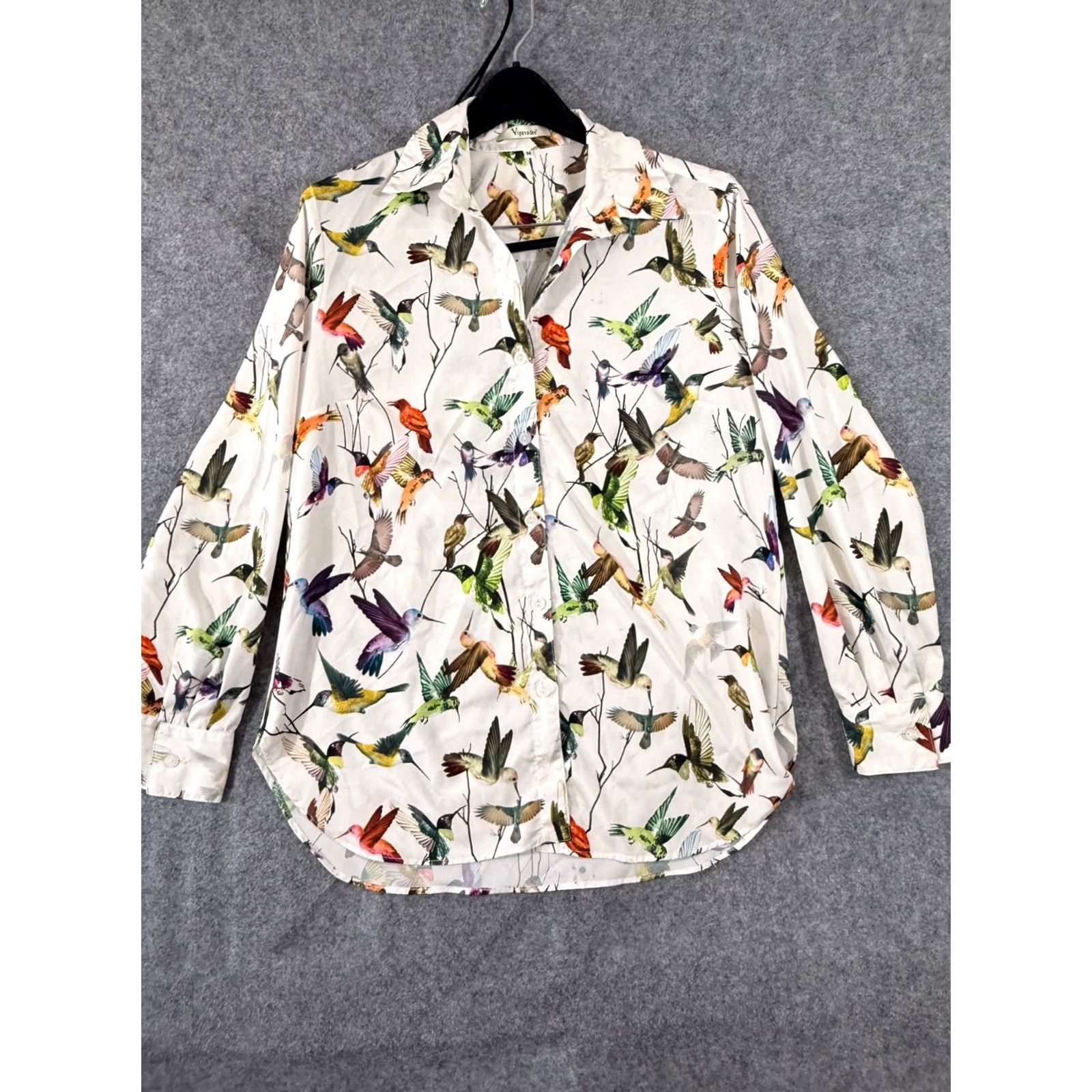 Vintage Vipavadee Shirt Womens M White AOP Hummingbird Button Up Long Sleeve USA Made Size M / US 6-8 / IT 42-44 - 3 Thumbnail