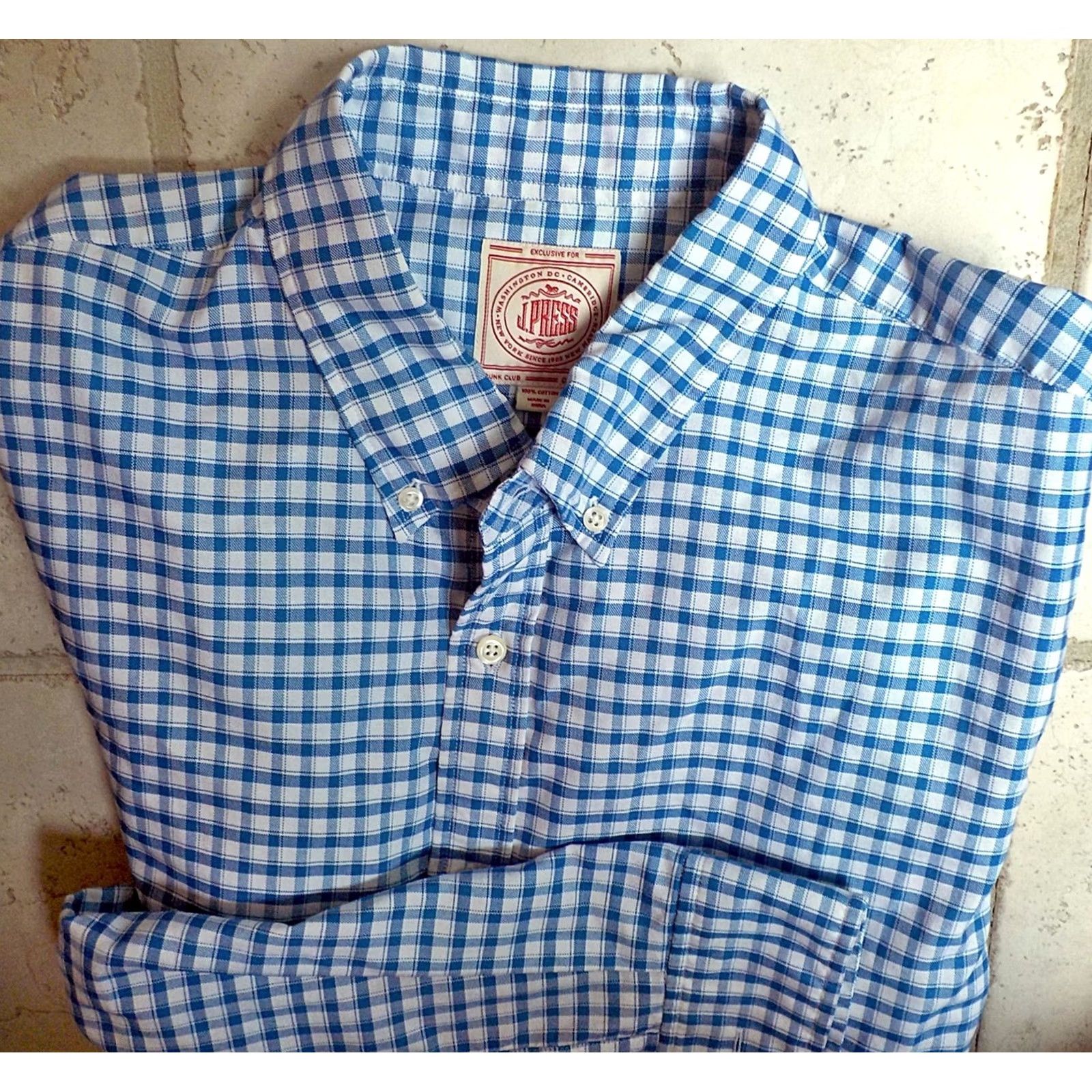 Vintage J. Press Gingham Check Button Collar Shirt Mens 2XL Slim Blue Casual Dress Size US XXL / EU 58 / 5 - 2 Thumbnail