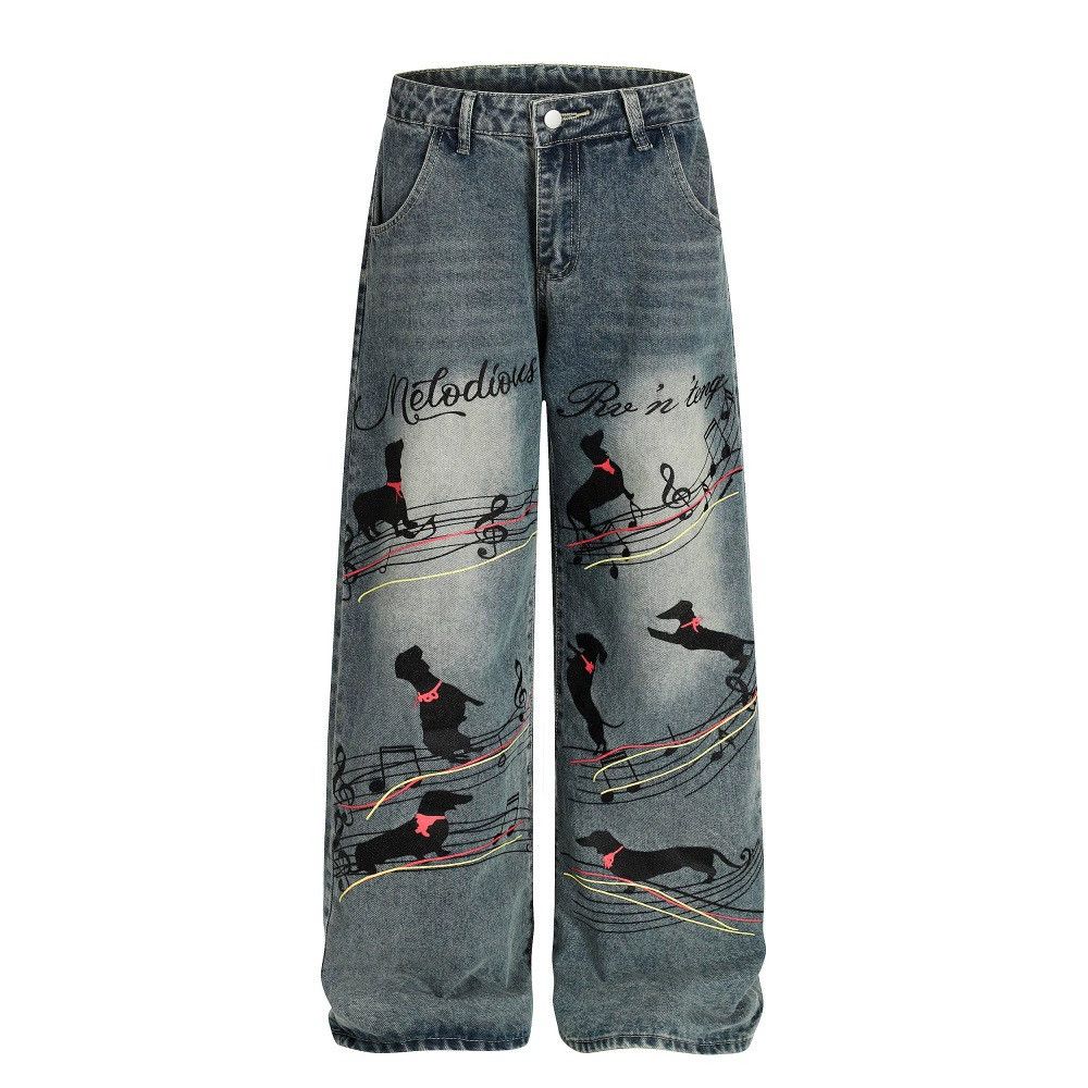 Jean Men's loose straight animal print washed distressed jeans Size US 32 / EU 48 - 1 Thumbnail