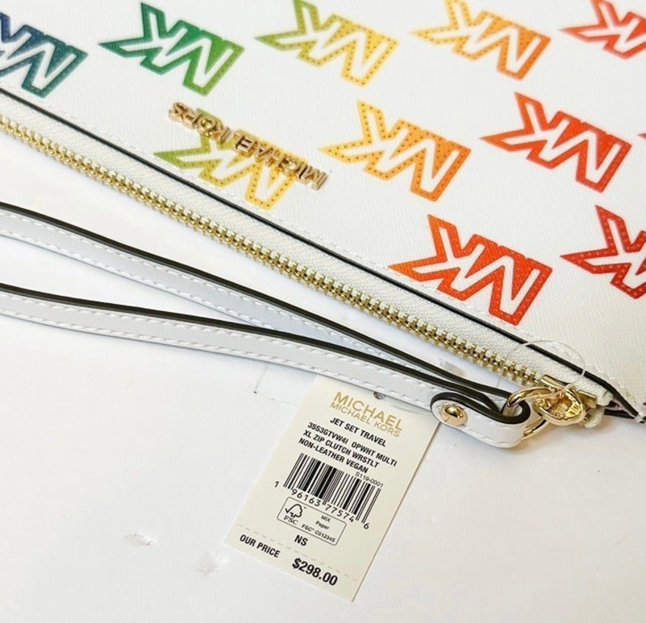 Michael kors XL zip clutch wristlet optic white multi Rainb