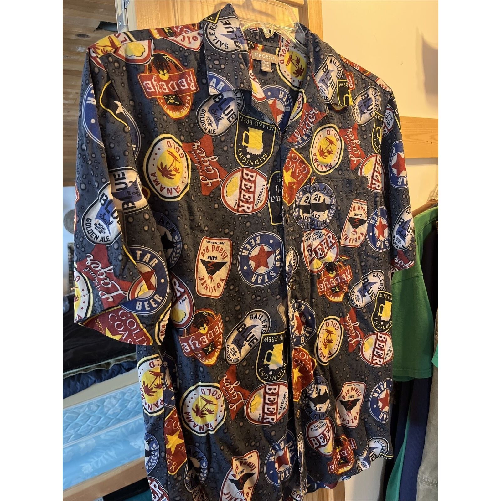 George George Men's Small 34-36 Gray Beer Print SS Rayon Shirt Size US S / EU 44-46 / 1 - 9 Thumbnail