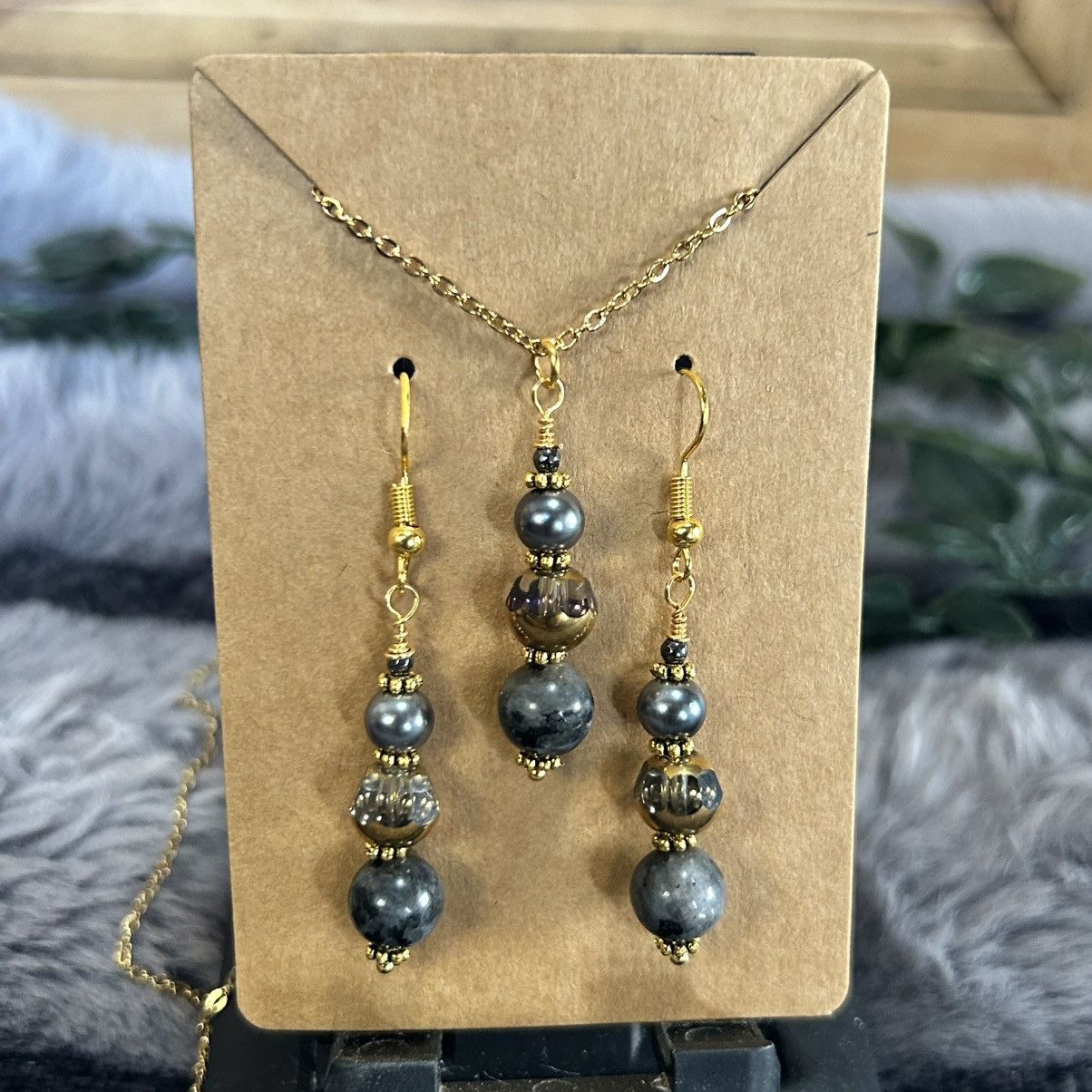 Handmade Handcrafted di-cut art glass larvikite pearl necklace set Size ONE SIZE - 2 Thumbnail