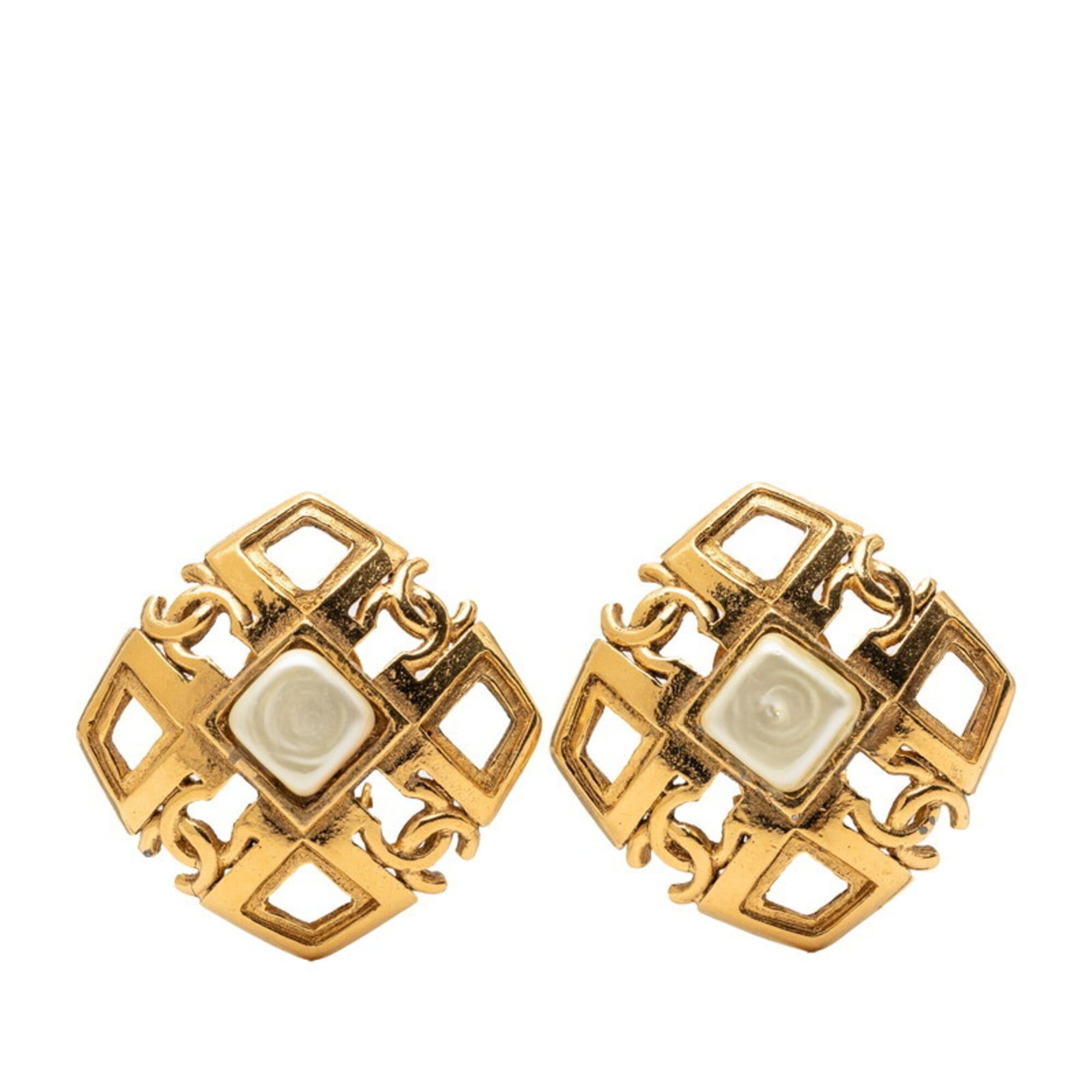Chanel Chanel Coco Mark Vintage Square Earrings, Size 23, Gold, Faux Pearl Plated, Women's. Size ONE SIZE - 1 Thumbnail
