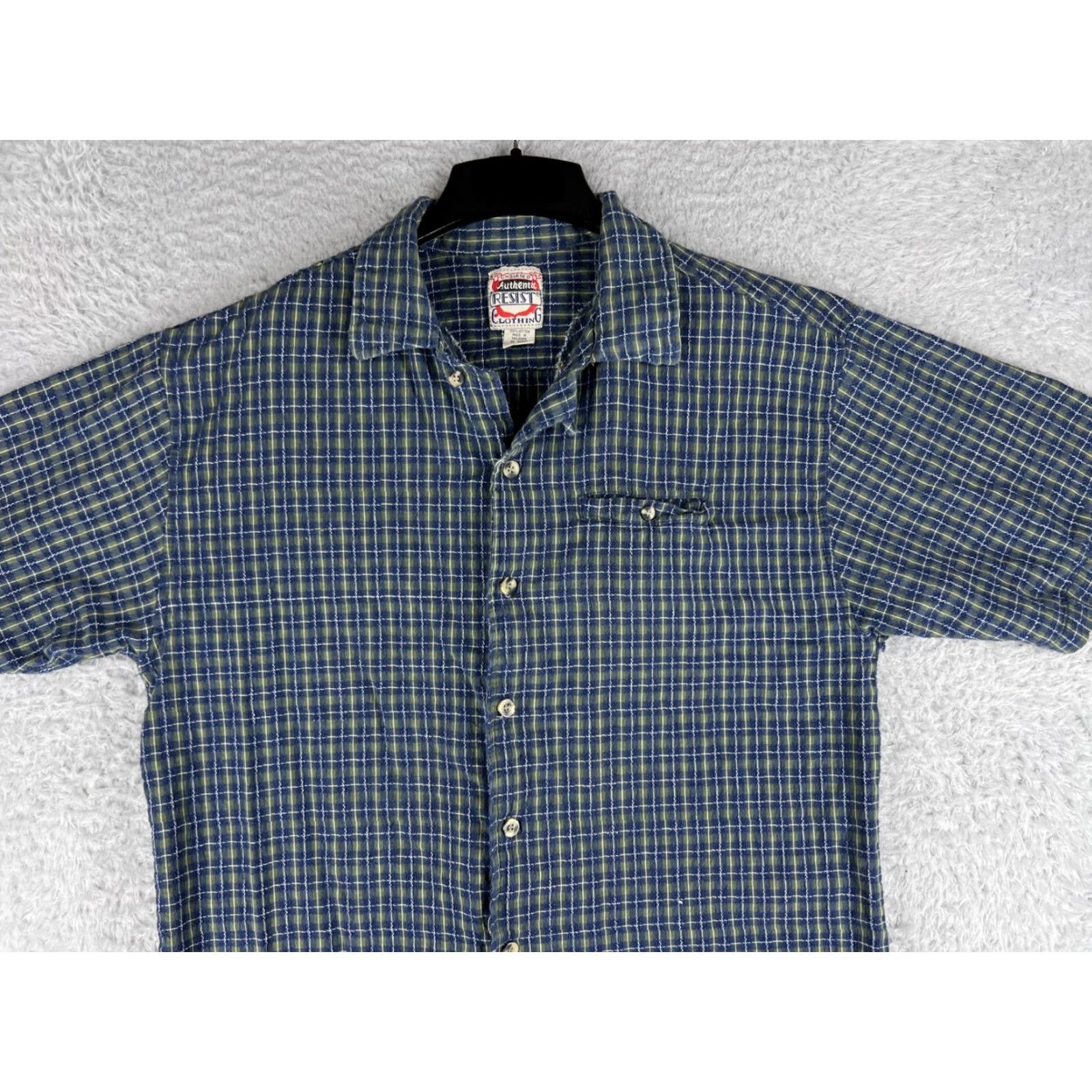 Vintage Resist Button-Up Shirt Mens Large Blue Green Plaid Western Cowboy Woven Cotton Size US L / EU 52-54 / 3 - 7 Thumbnail