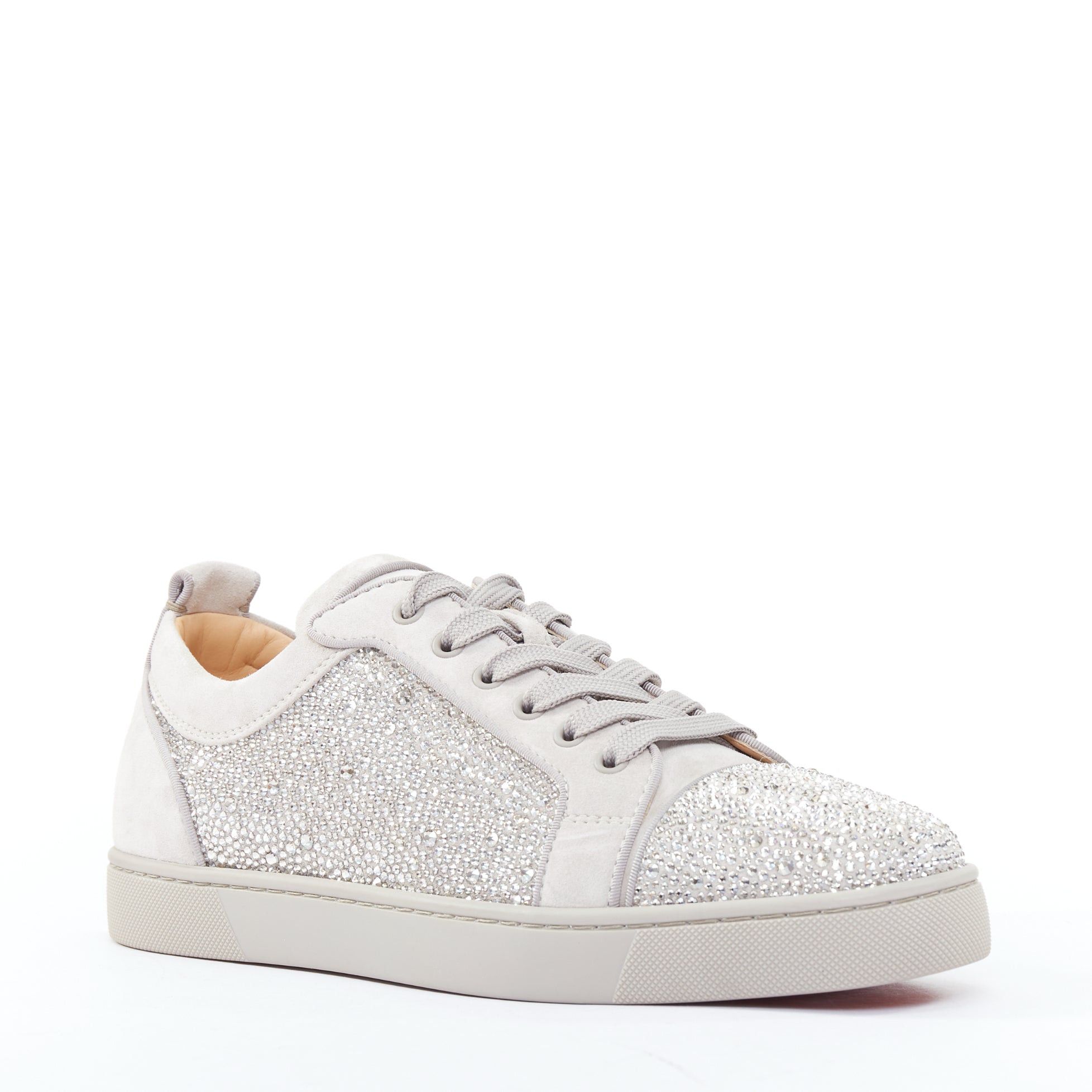 CHRISTIAN LOUBOUTIN Louis Junior Strass Flat silver crystal grey suede sneaker EU44