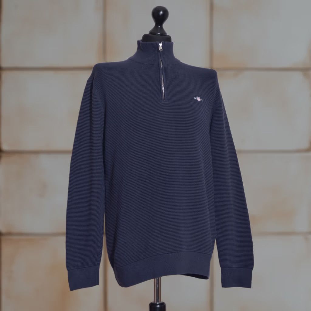 Gant GANT Navy Blue 1/4 Zip Textured Knit Jumper Logo Mock Neck Sweater M Mens Knit Shirt Pullover Size US M / EU 48-50 / 2 - 1 Thumbnail