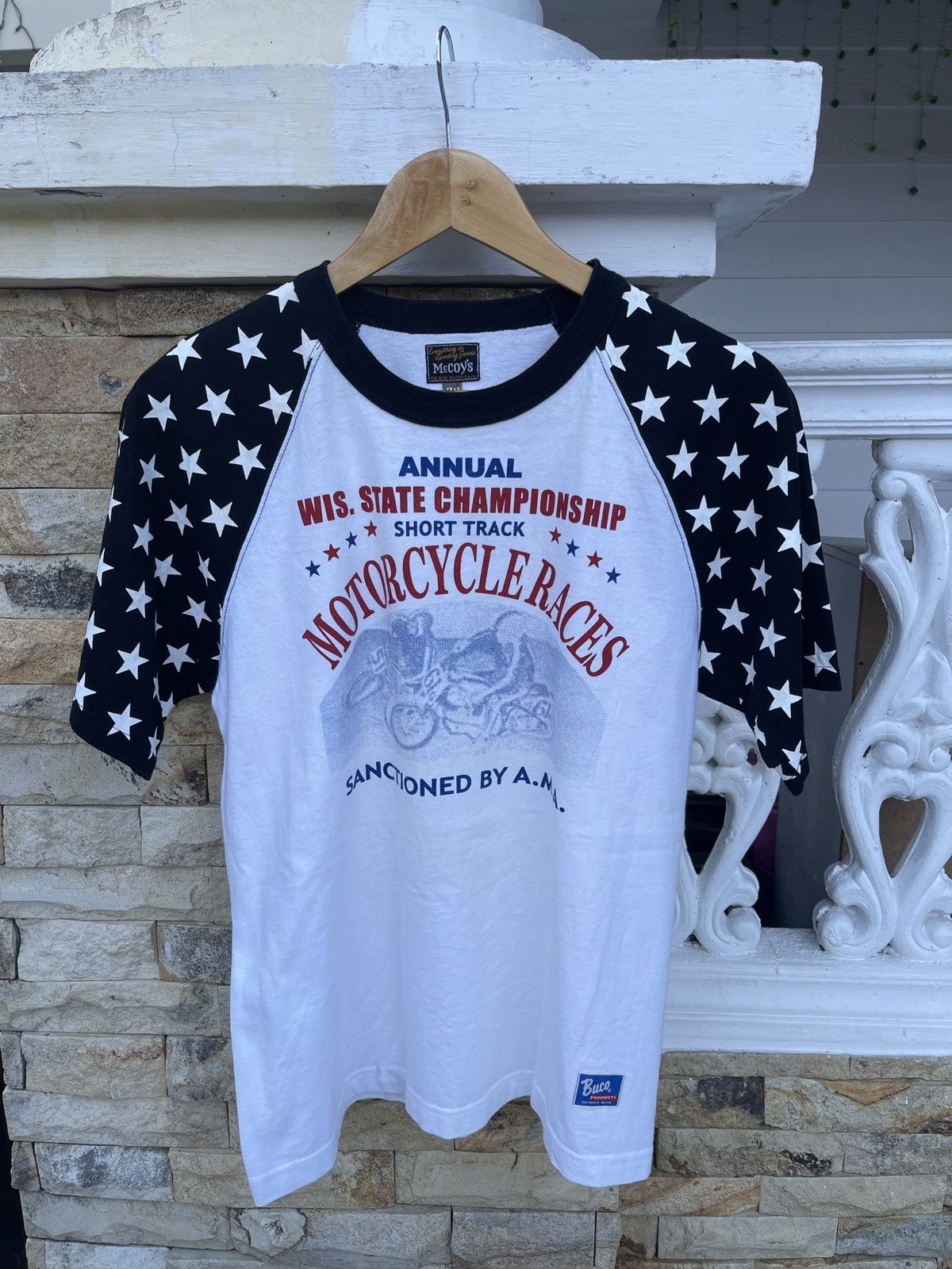 image of The Real Mccoys x Vintage The Real Mc Coys Motorcycle Races Raglan Tee in White, Men's (Size Medium