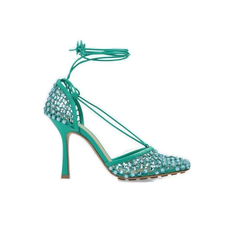 Bottega Veneta o1n1vont1224 Stretch Web Sparkle Sandals in Acid Turquoise Size US 4 / IT 34 - 1 Thumbnail