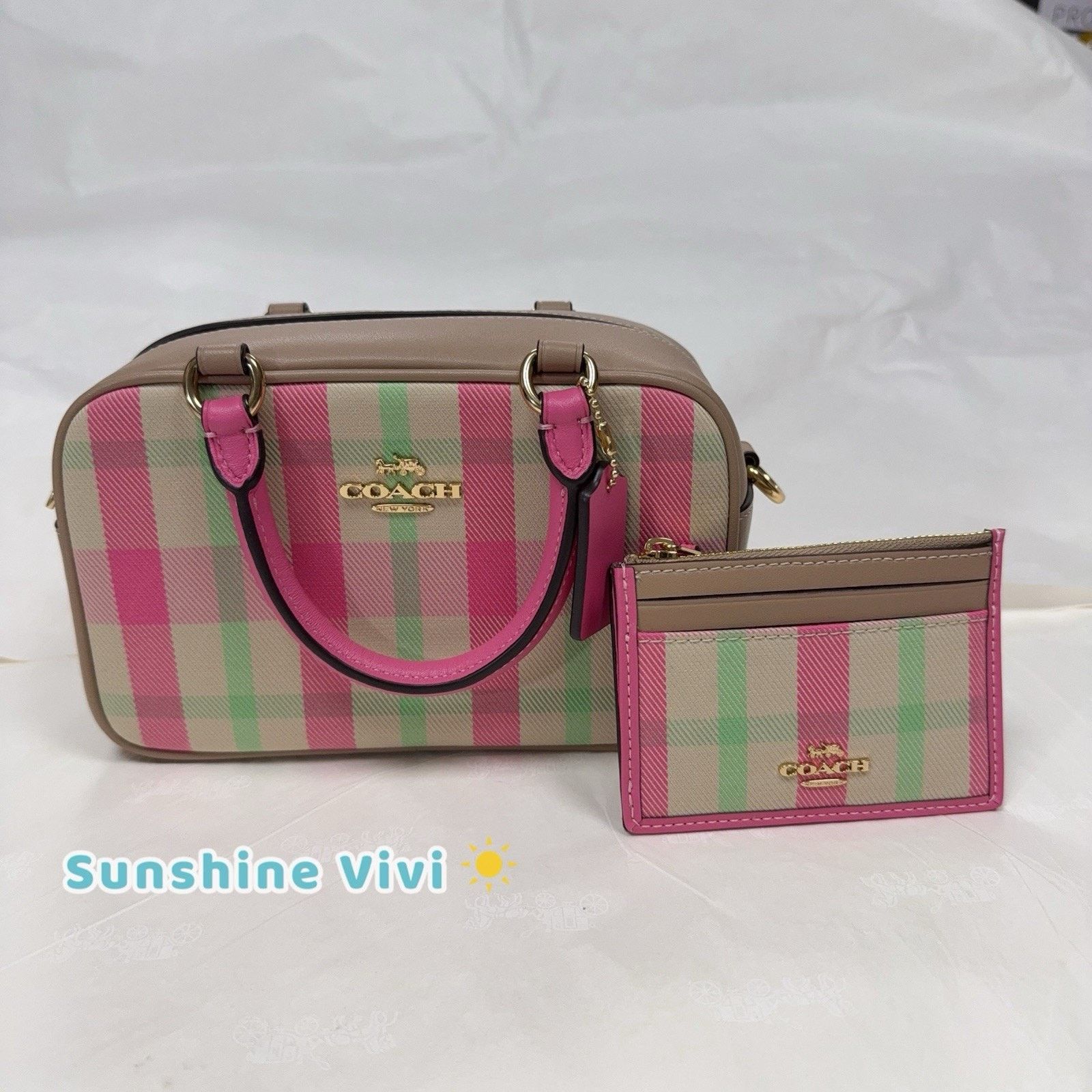 NWT Bundle COACH Satchel Plaid Pink CBI90 & CBL88 ID Case