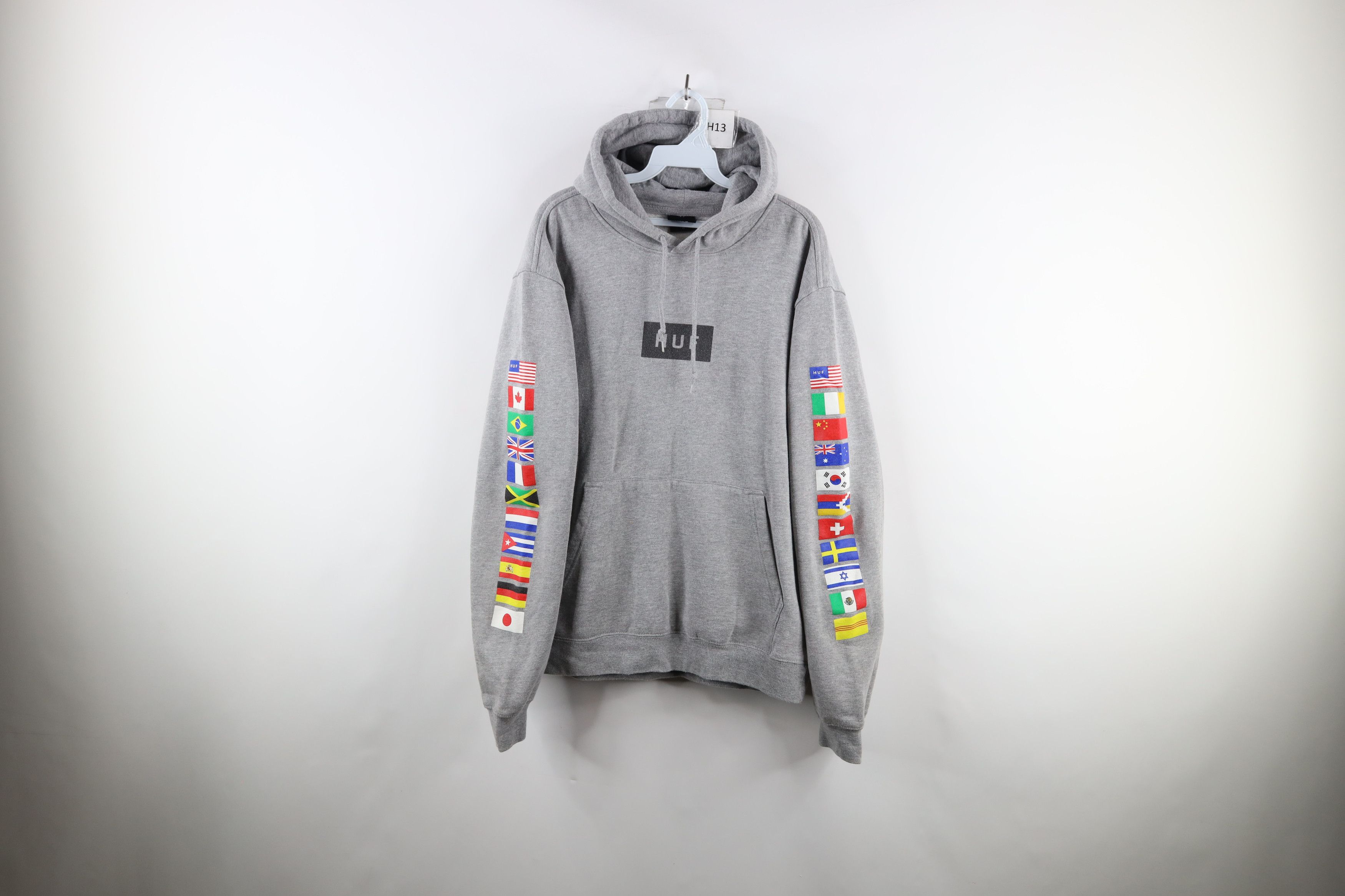 Huf Vintage Vtg HUF Spell Out World Flags Box Logo Hoodie Sweatshirt Grailed