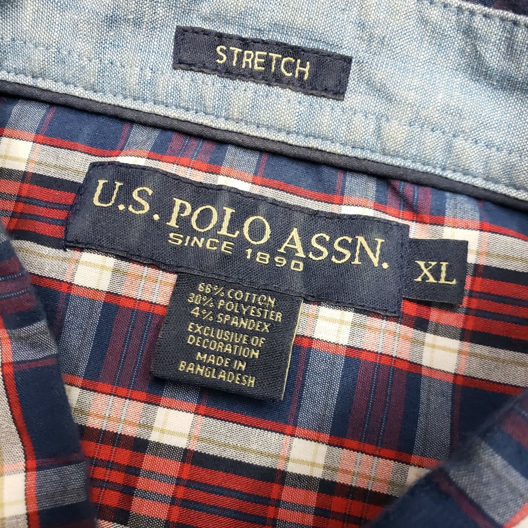 US Polo Assn Button-Down Shirt Long Sleeve XL Crest Plaid Red White Blue Cotton Blend Men's Shirt