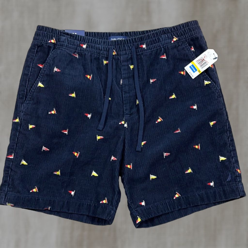 Nautica Nautica Corduroy Shorts Men Medium Navy Blue Sail Boat AOP Preppy Beach Boat NEW Size US 31 - 1 Thumbnail