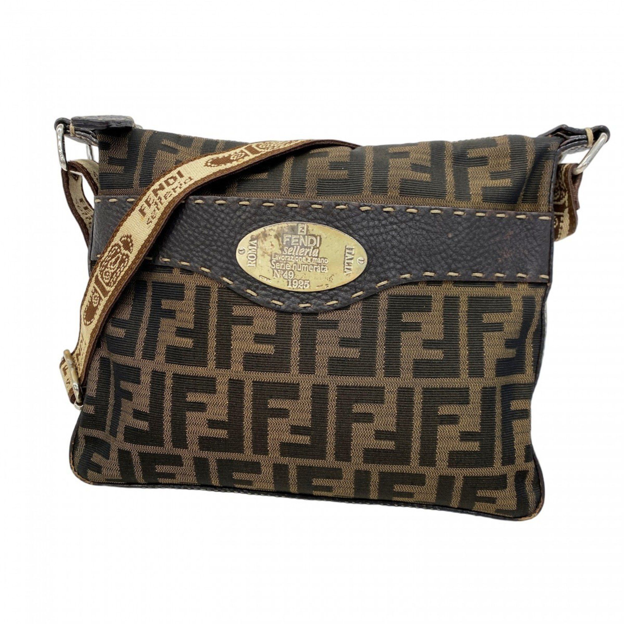 Fendi Shoulder Bag Zucca Selleria Nylon Canvas Leather Brown Women's