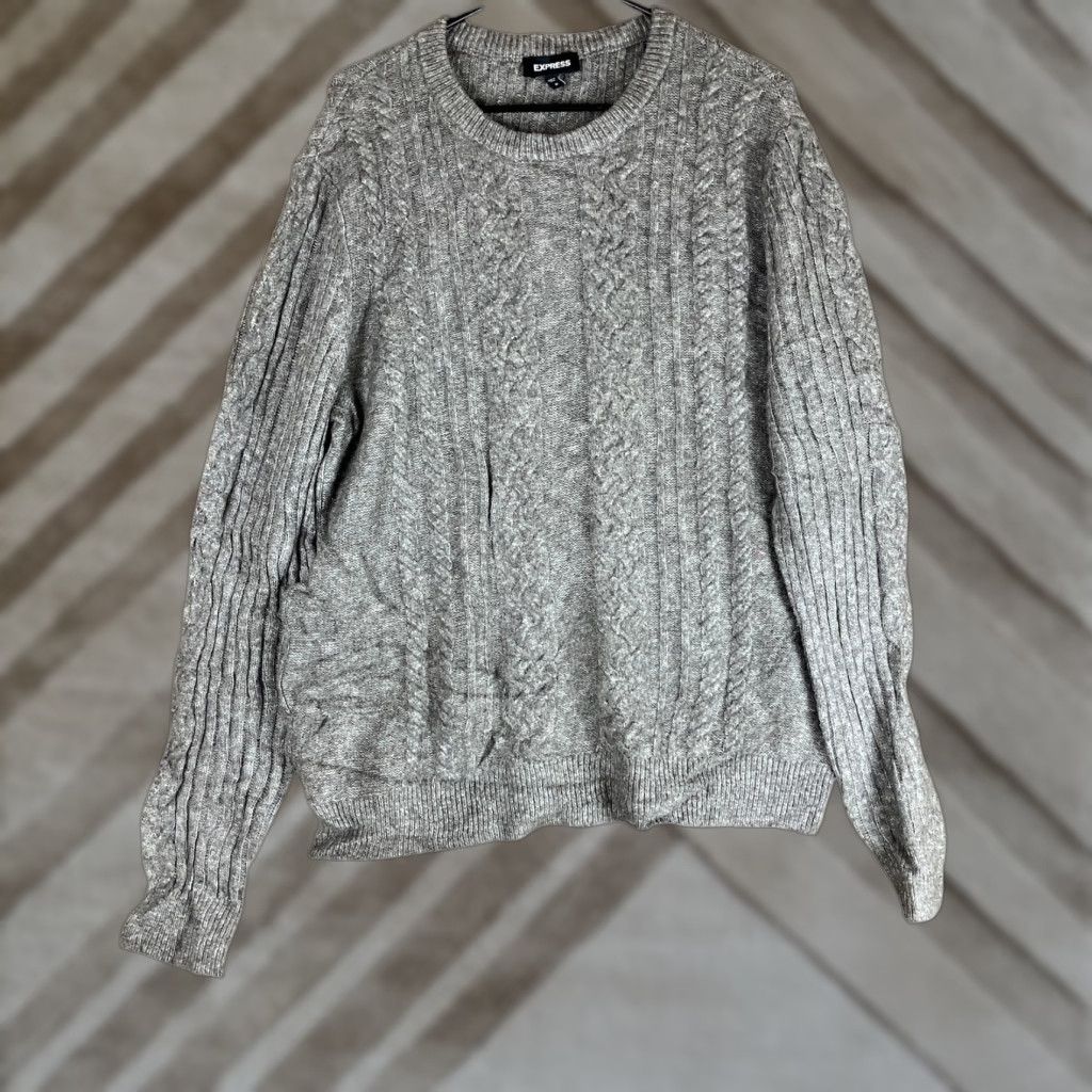 Express Express Sweater Mens Crew Neck Brown Tweed Cable Knit Long Sleeve Medium Size US M / EU 48-50 / 2 - 1 Thumbnail