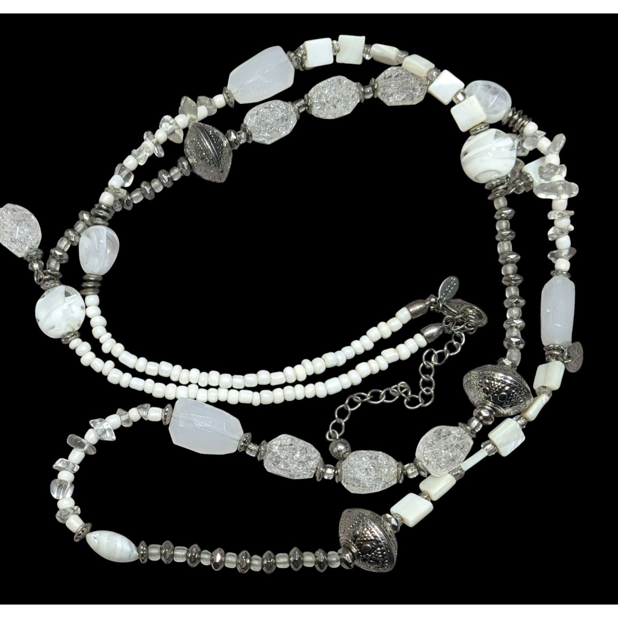 Chicos Chico's Snowy White And Silver Tone Glass And Acrylic Beaded Size ONE SIZE - 1 Thumbnail