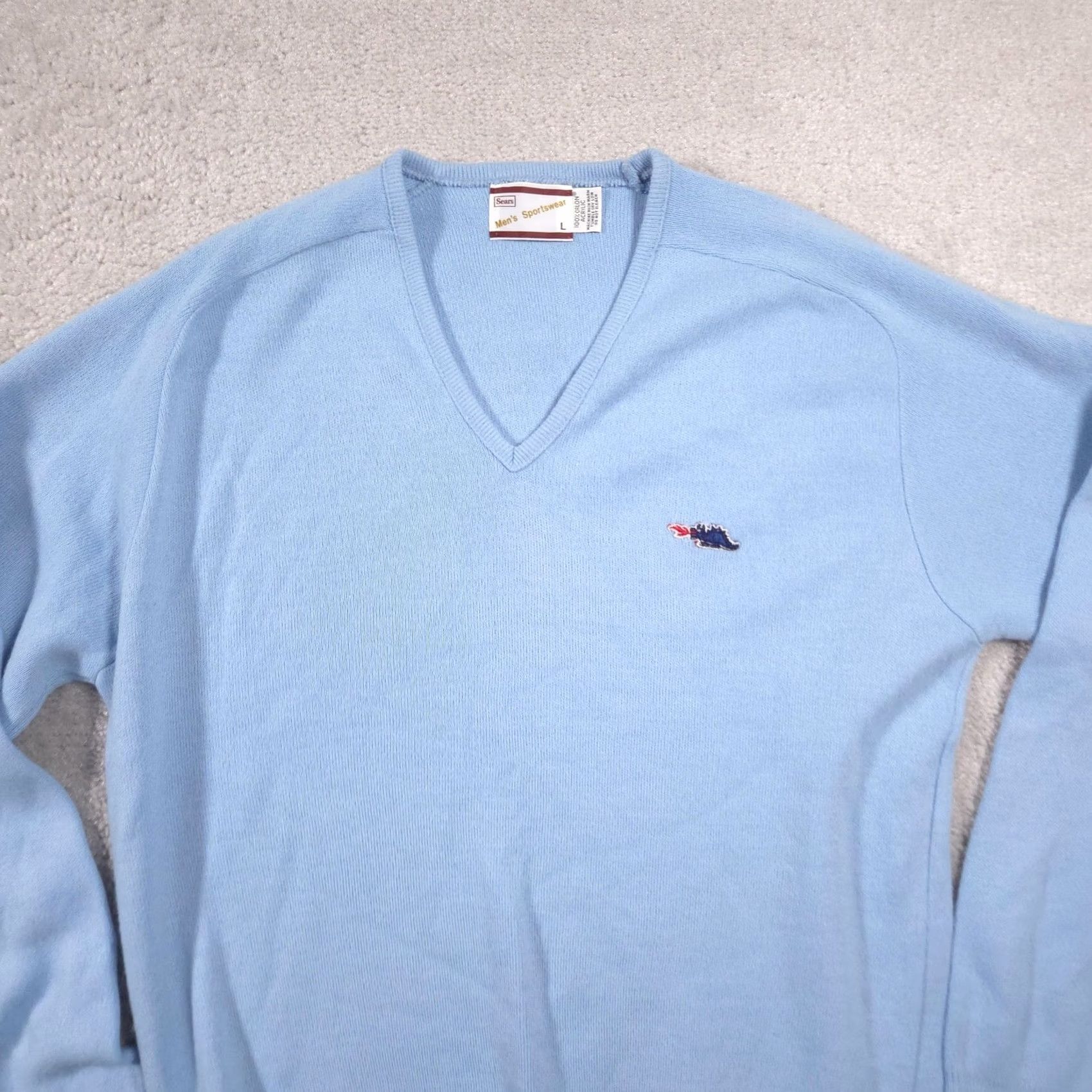 Sears VINTAGE Sears Sweater Mens Large Blue Knit V-Neck Orlon Acrylic Pullover 70s Size US L / EU 52-54 / 3 - 3 Thumbnail