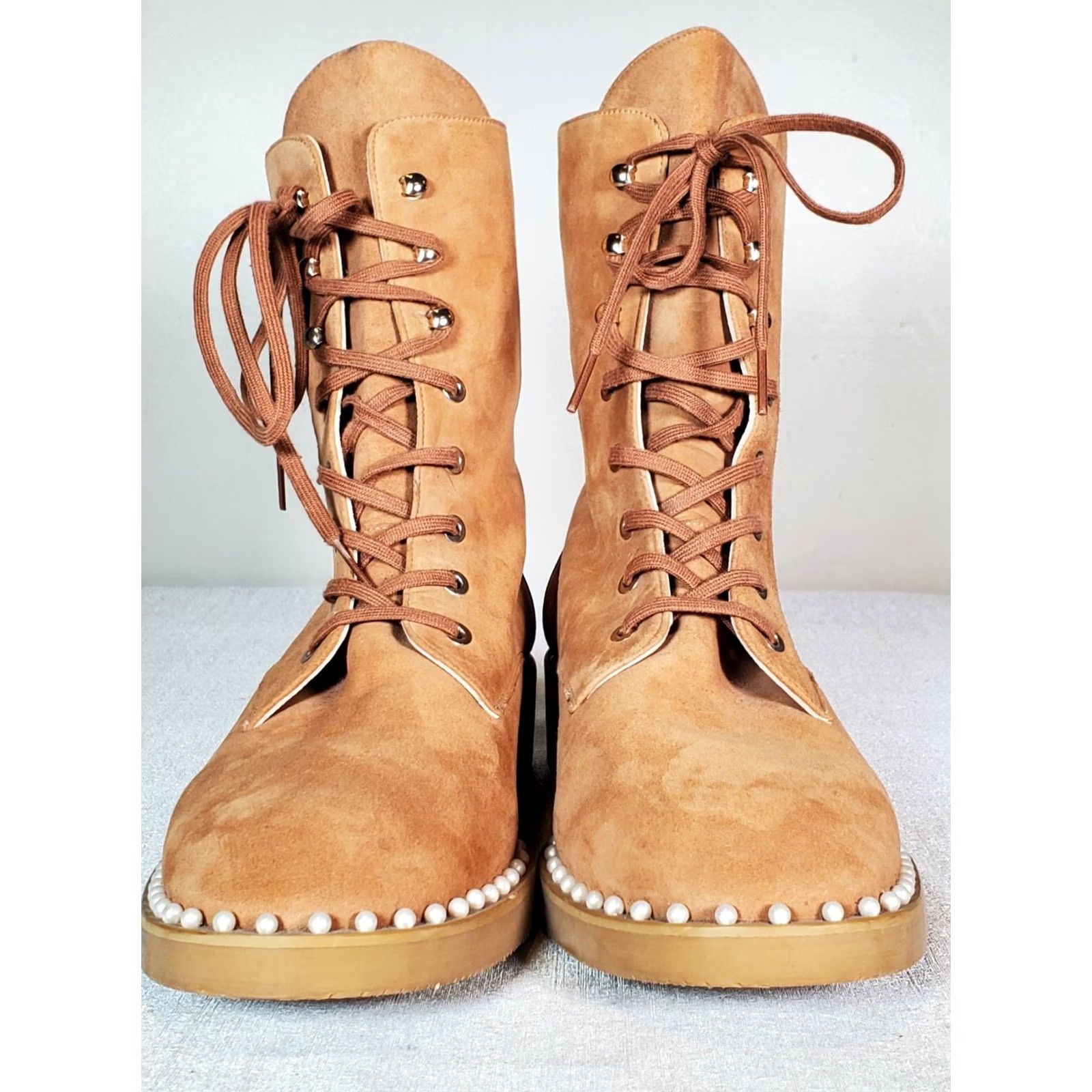 Stuart Weitzman Stuart Weitzman Sondra Pearl Embellished Suede Combat Boots Women's US 11.5 B Tan Leather Lined Lace Up Round Toe, Platform/City, EUC Size US 12 / IT 42 - 7 Thumbnail