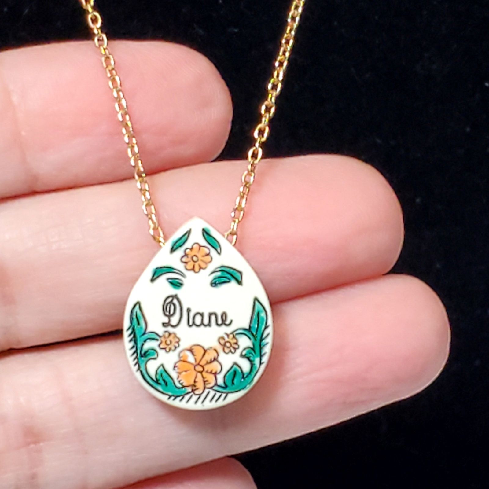 Other Dainty Name ID Necklace Diane Floral Carved Hand Painted 16" Size ONE SIZE - 2 Thumbnail