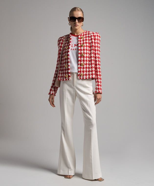 Balmain o1s1wg110825 Tweed Hundstooth jacket in Red/White Size L / US 10 / IT 46 - 2 Thumbnail